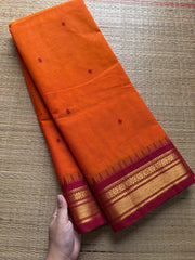 RF381 Orange with contrast maroon combination small border Kanchi cotton saree with handmade thread buttas