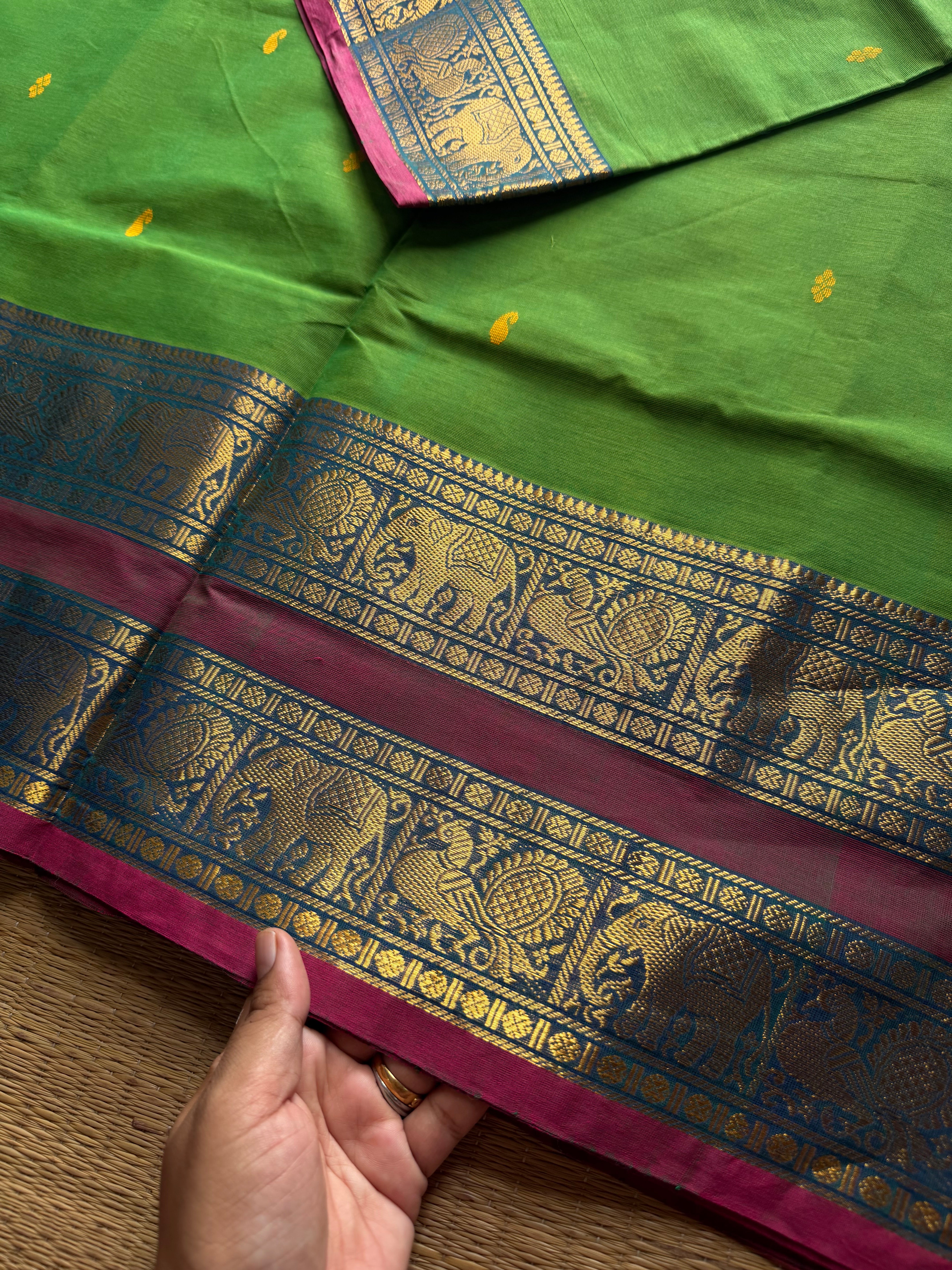 RF1329 Parrot green ~ Kanchi cotton Rettapet border saree