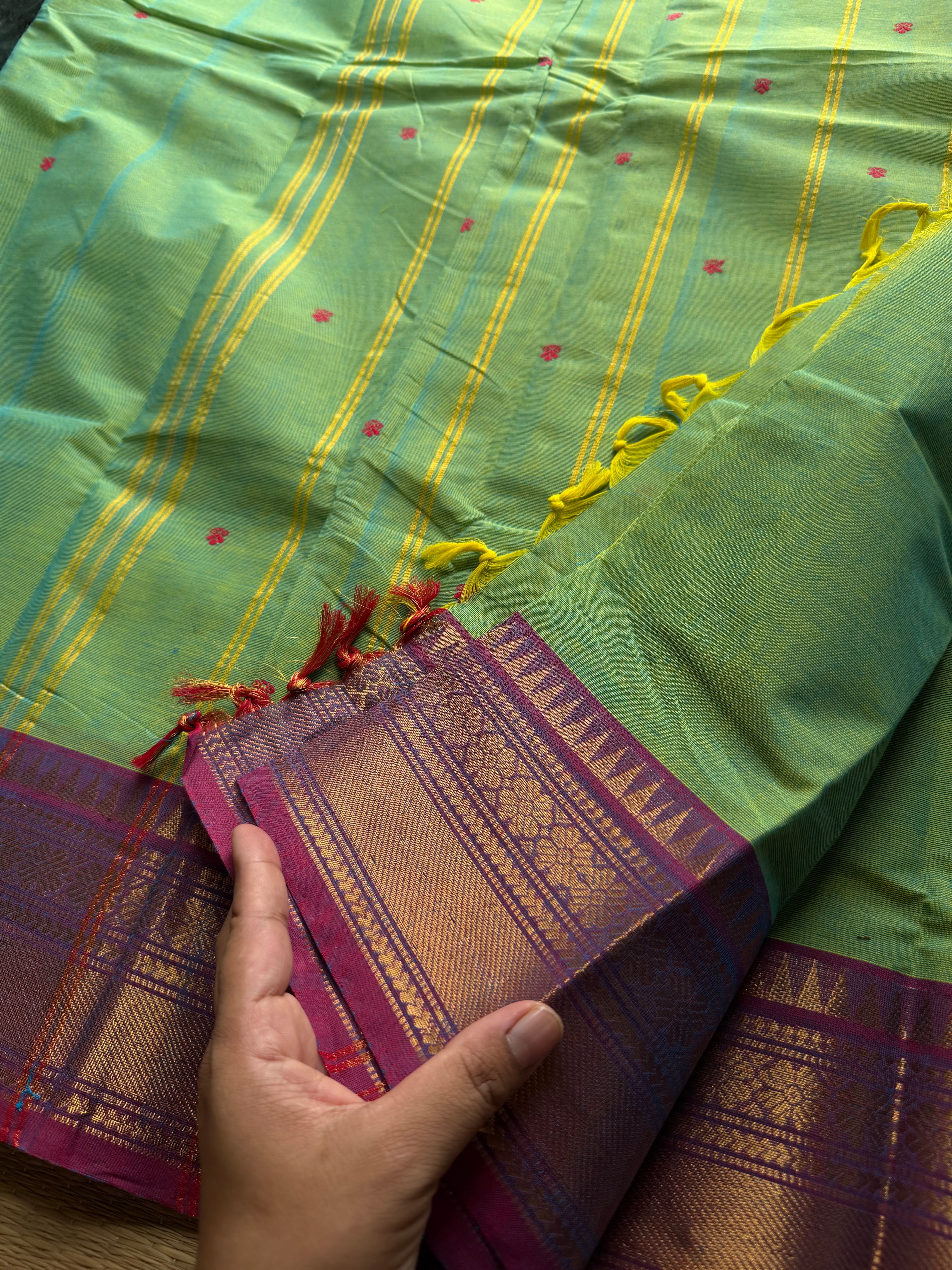 RF544 Dual tone Apple green shade with light purple combination Kanchi cotton saree with handmade thread buttas