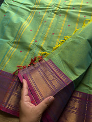 RF544 Dual tone Apple green shade with light purple combination Kanchi cotton saree with handmade thread buttas