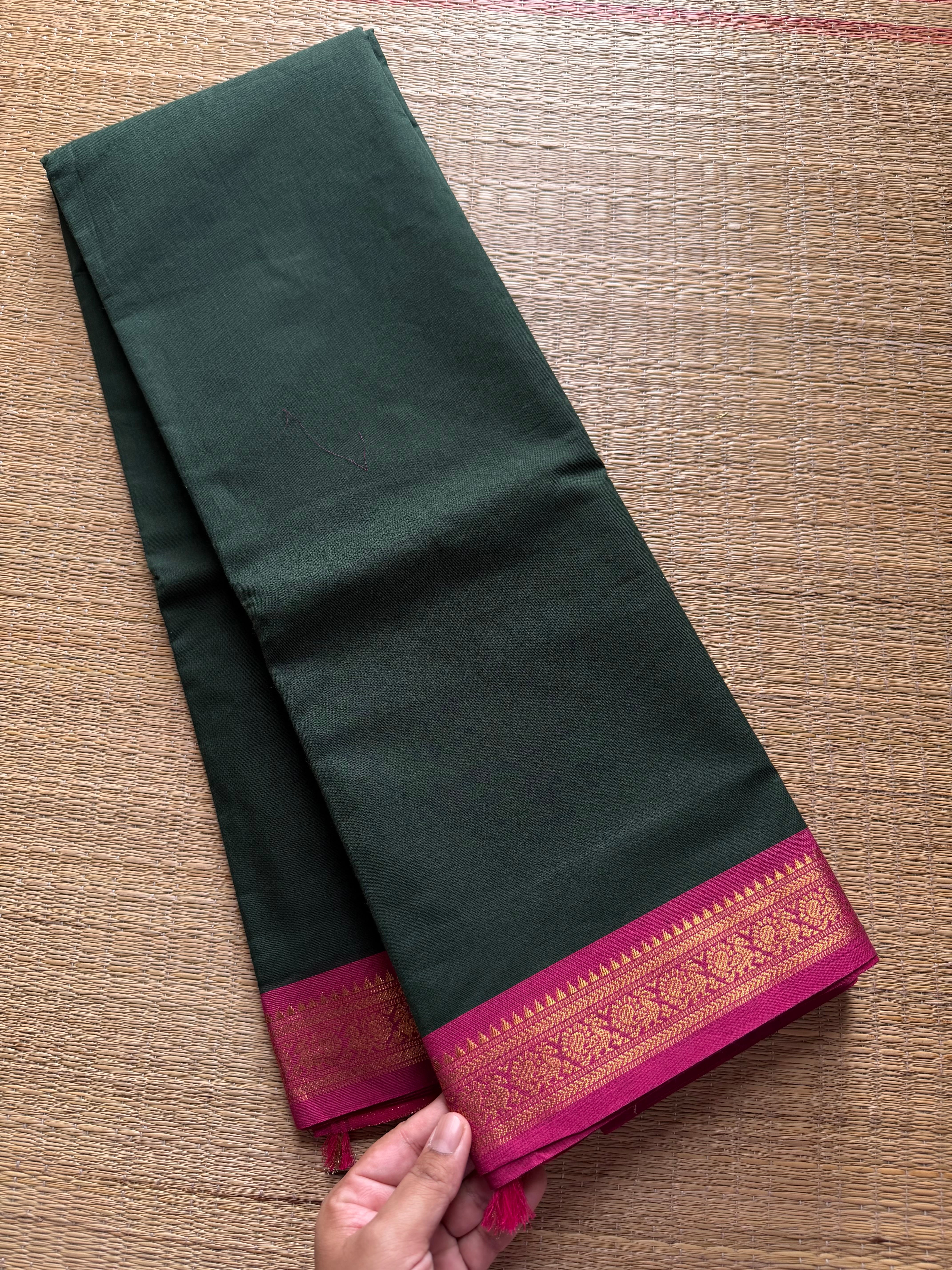 RF393 Bottle green shade with pink combination small border Kanchi cotton saree