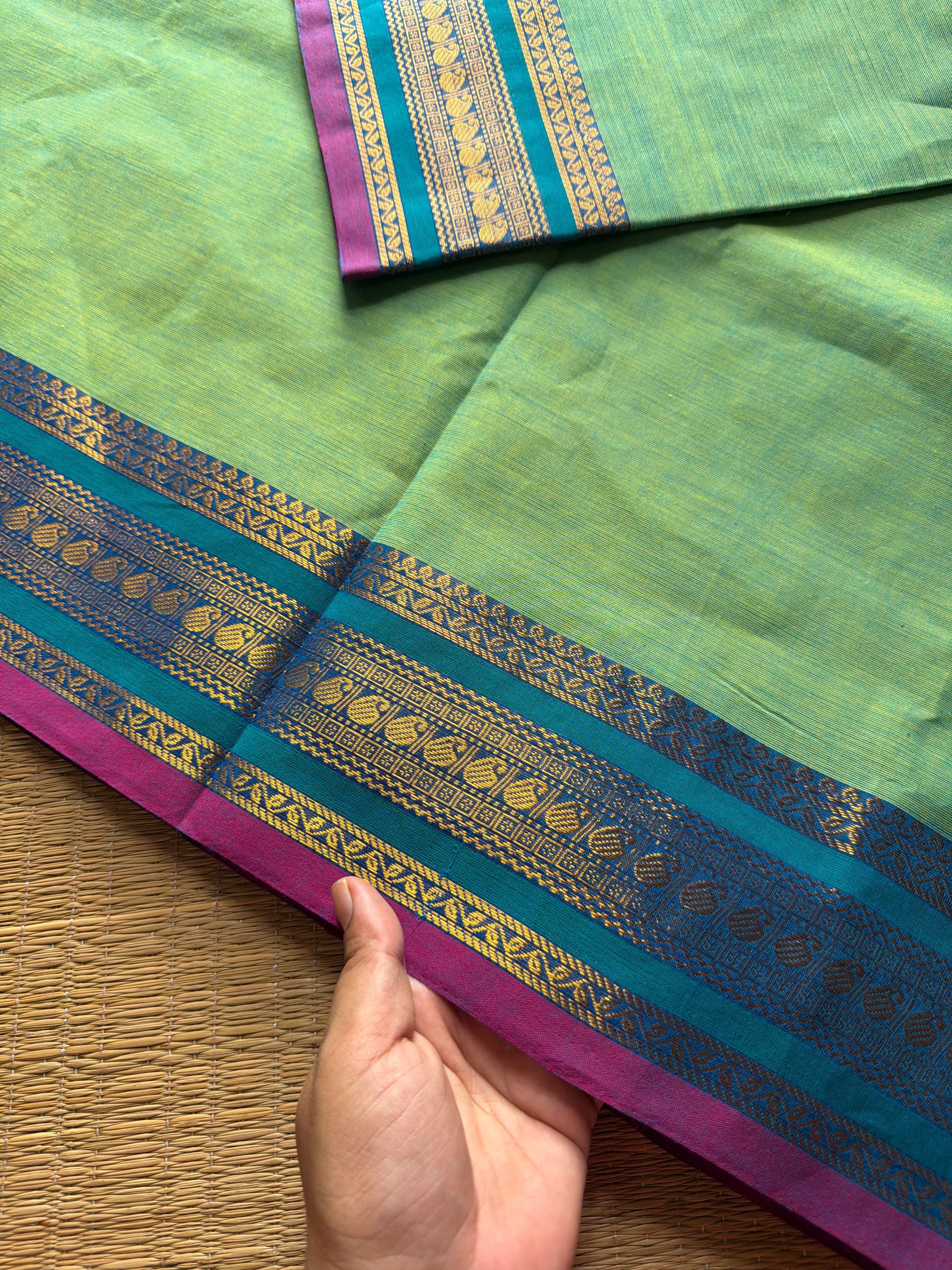 RF626 Dual tone Apple green shade Kanchi cotton saree with small contrast manage sari border