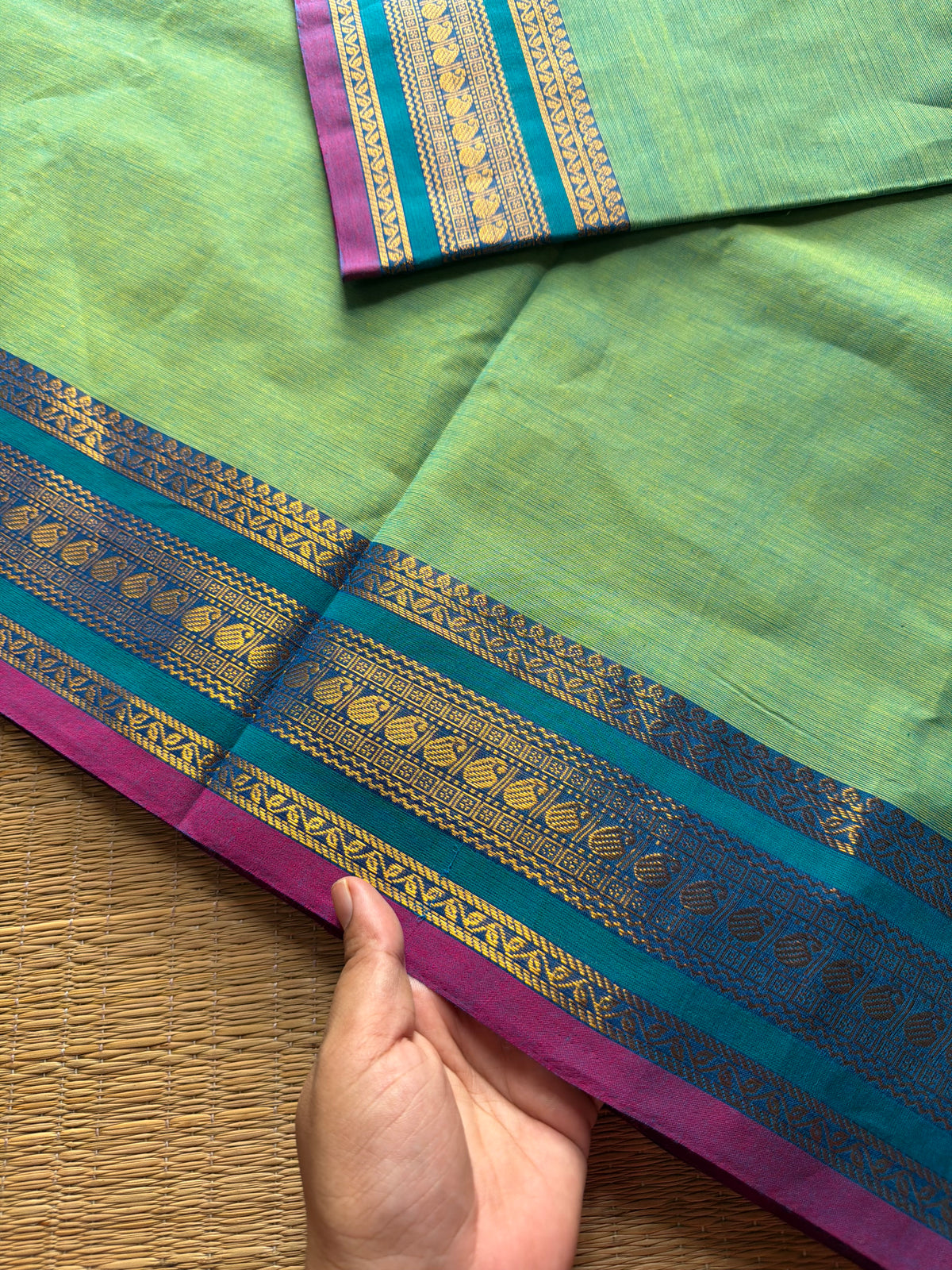 RF626 Dual tone Apple green shade Kanchi cotton saree with small contrast manage sari border