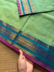 RF626 Dual tone Apple green shade Kanchi cotton saree with small contrast manage sari border