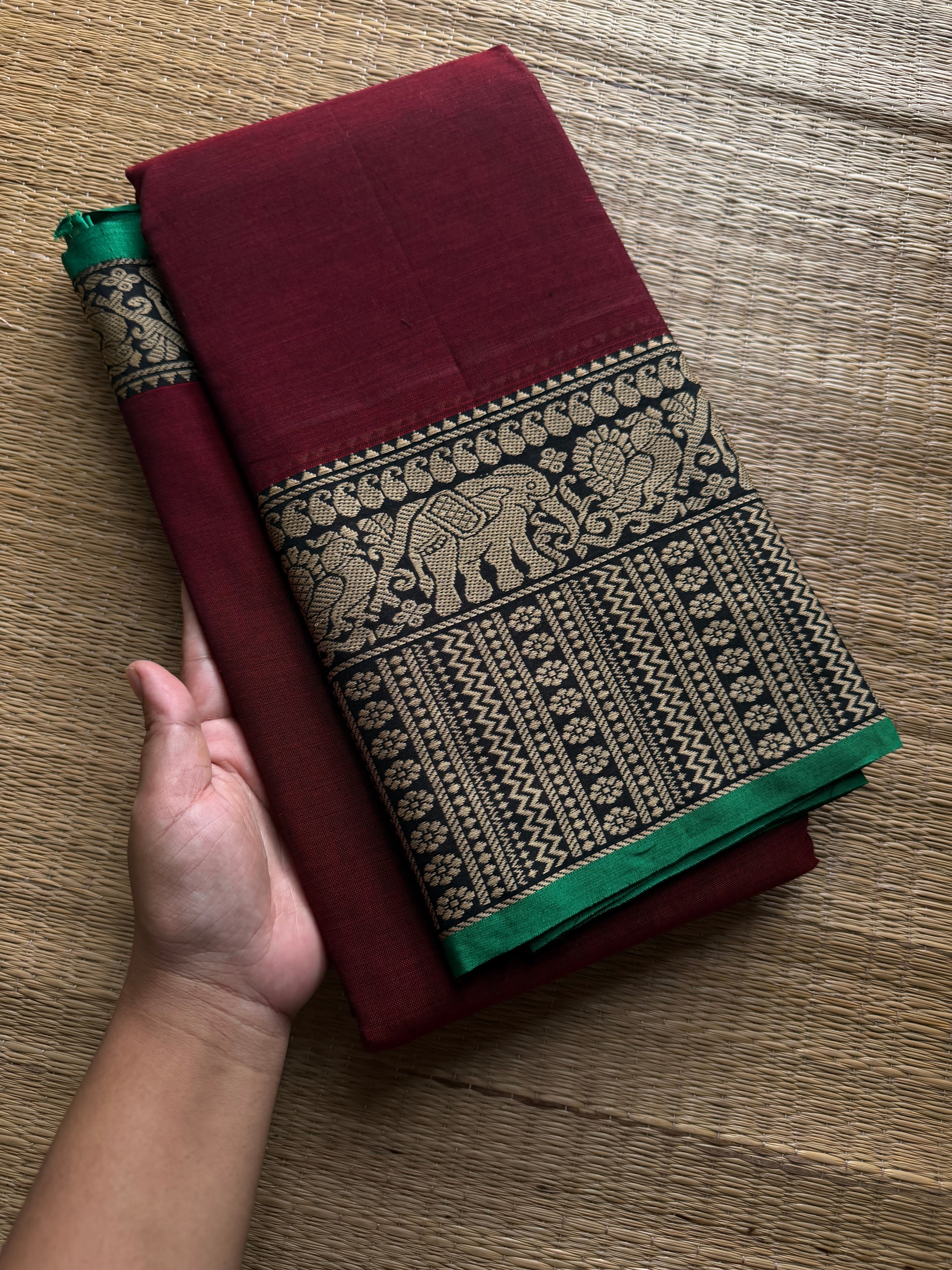 RF1213 Maroon with green ~ Mercerised Narayanpet soft cotton saree with elephant & Annam pattern border