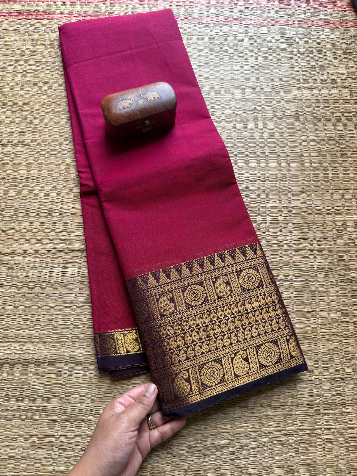 Dark Magenta Pink Saree With Contrast Border