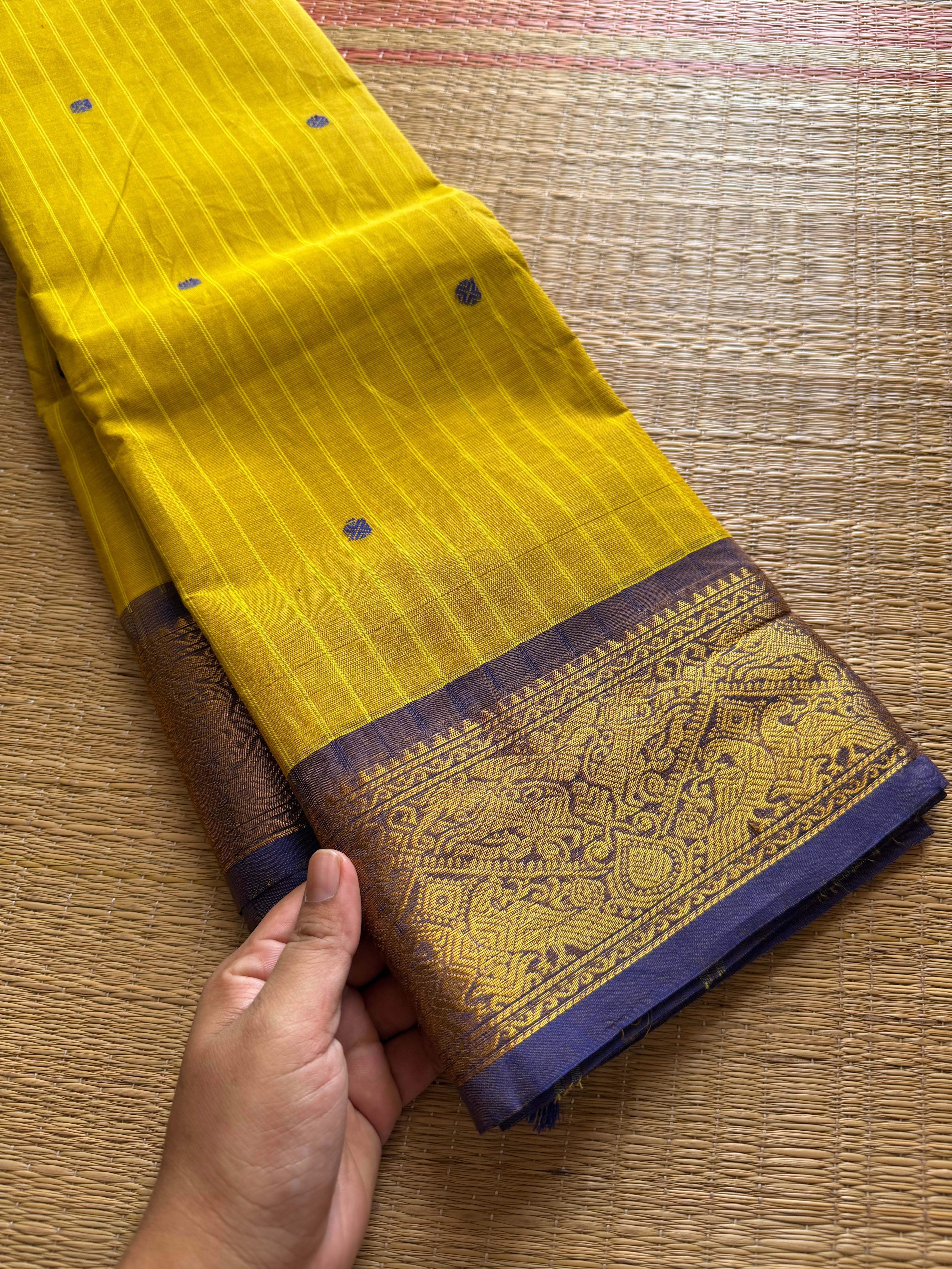 RF255 Mustard Yellow shade vintage Vanasingaram border Kanchi Cotton Saree with striped pattern & handmade thread buttas