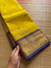 RF255 Mustard Yellow shade vintage Vanasingaram border Kanchi Cotton Saree with striped pattern & handmade thread buttas