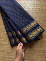 RF552 Kanchi Kattam : Monotone navy blue shade with checks / Kattam pattern saree