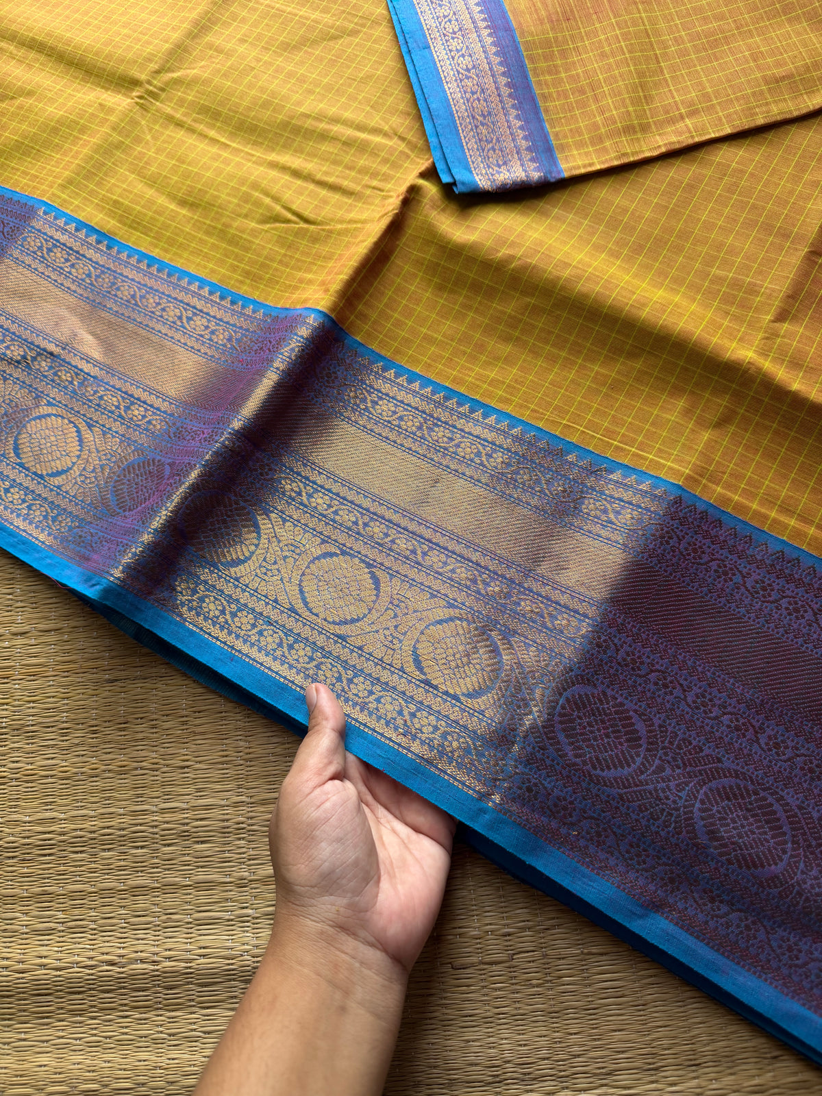 RF723 Dual tone yellow shade kanchi cotton saree with checks / Kattam pattern
