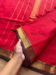 RF105 Red with brown combination small Zari border Kanchi cotton saree