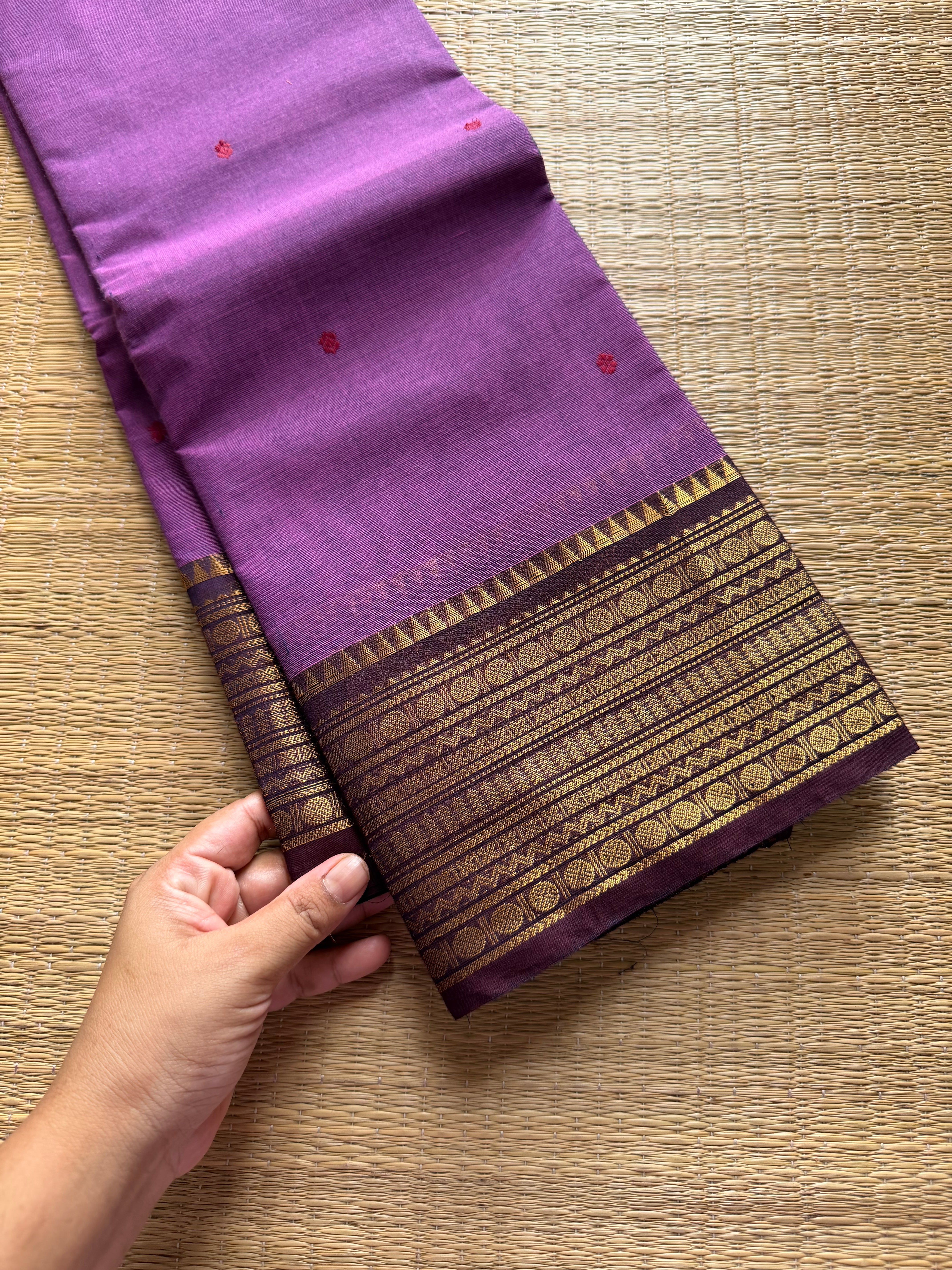 RF607 Dark lavender Kanchi cotton saree with contrast brown border and handmade thread buttas