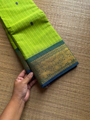 RF1012 Green ~ Vanasingaram border Kanchi cotton saree with handmade thread buttas and vertical stripped lines