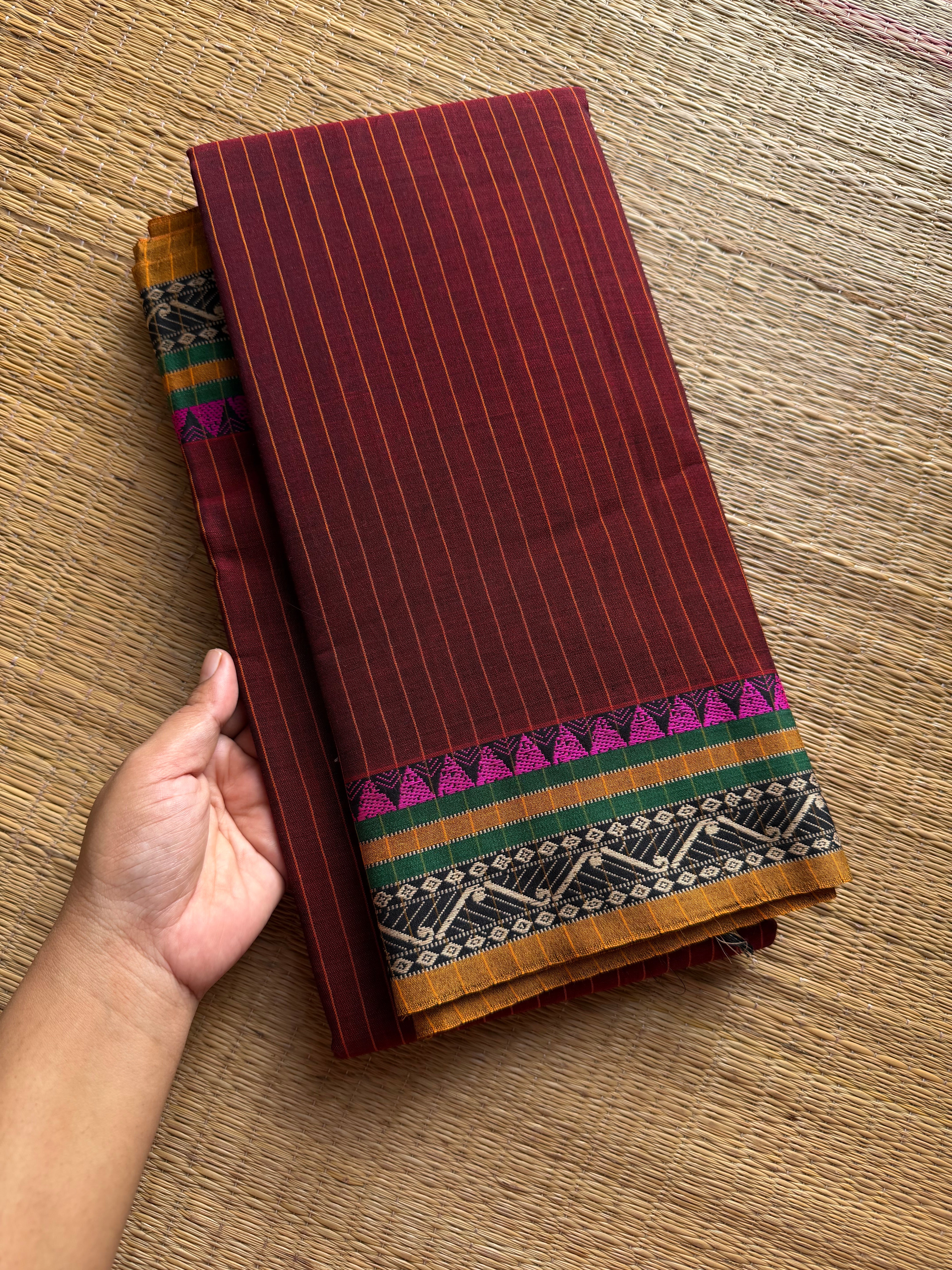 RF1308 Maroon ~ Narayanpet Mercerised soft cotton saree with stripped pattern