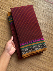 RF1308 Maroon ~ Narayanpet Mercerised soft cotton saree with stripped pattern