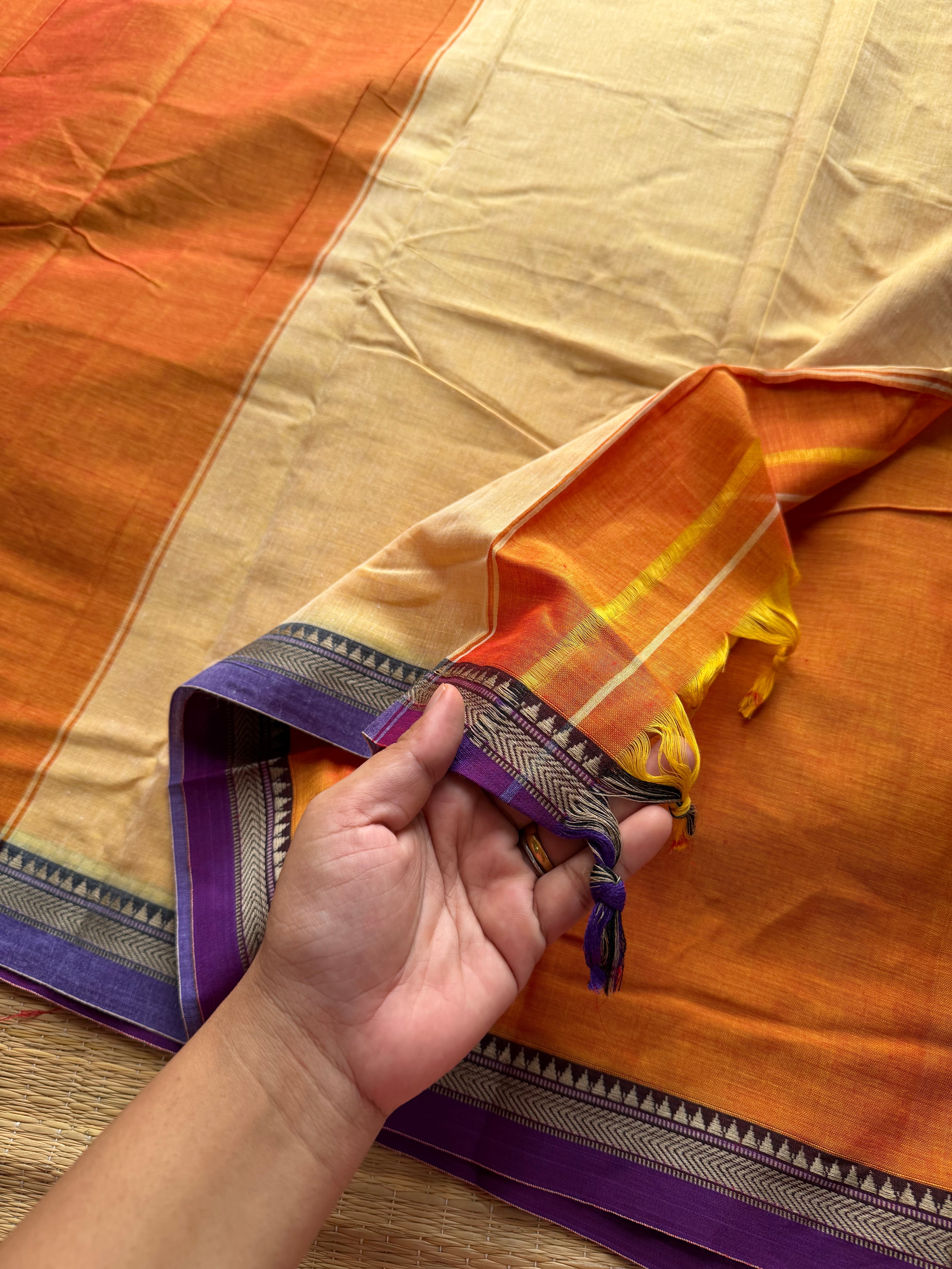RF499 Orange with purple combination soft Mercerised Narayanpet cotton saree with small thread border