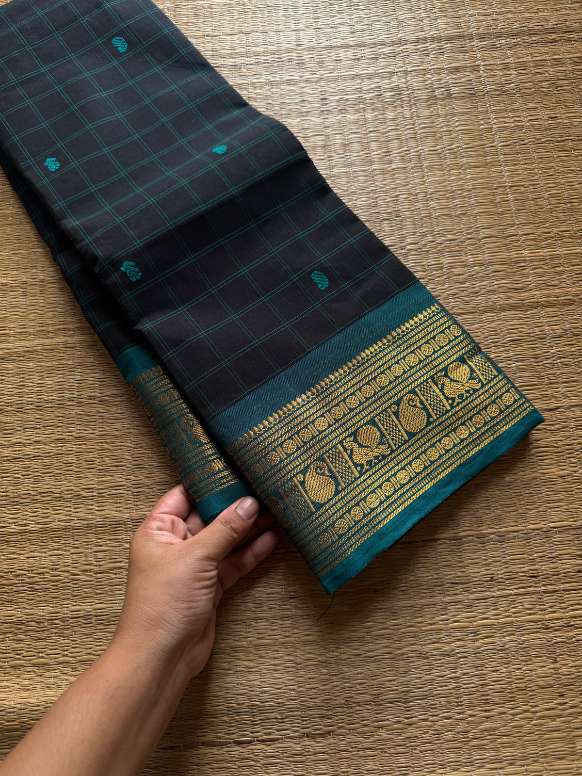 RF586 Black with teal blue combination Kanchi Kattam / checks pattern saree with handmade thread buttas