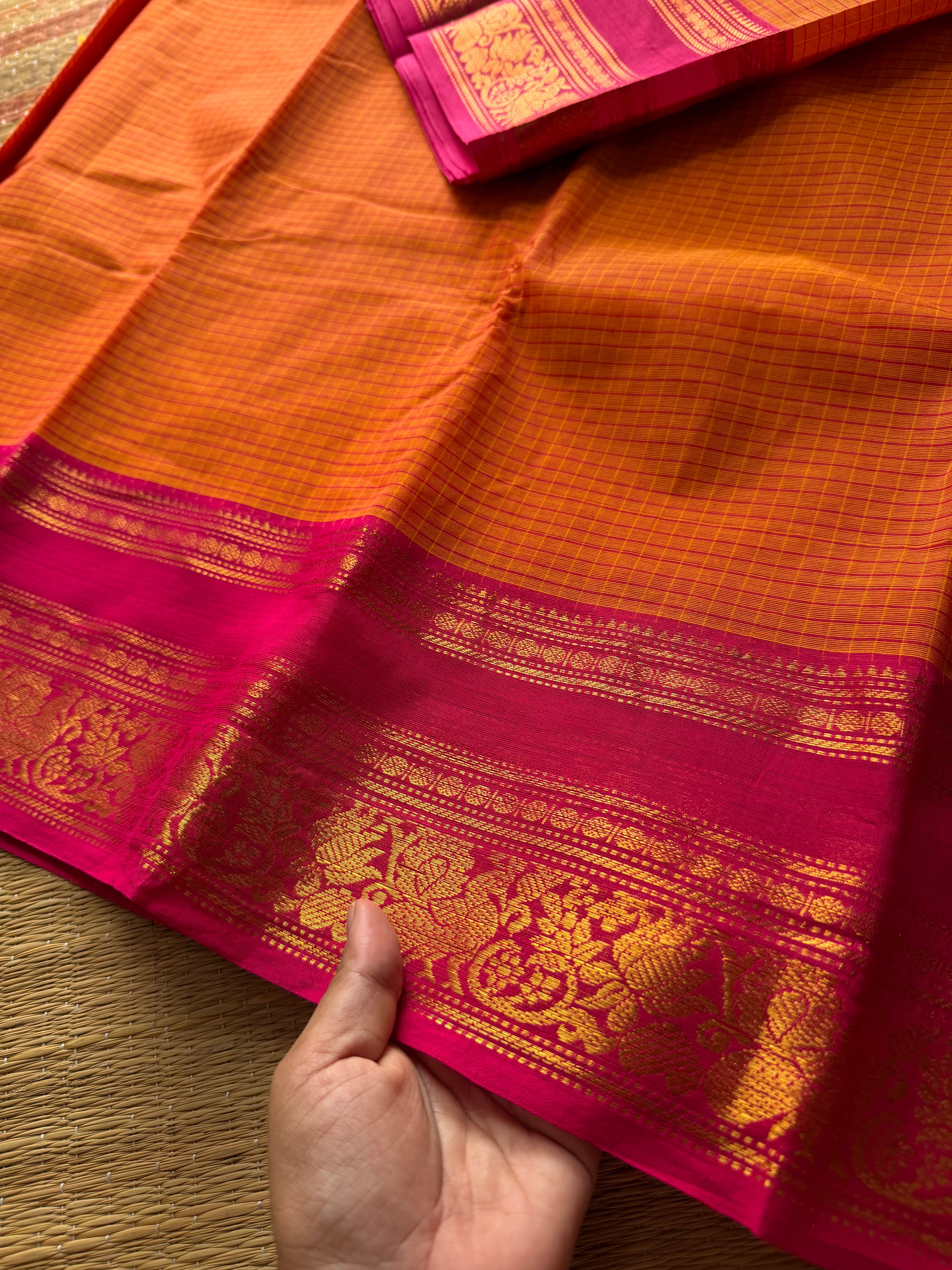 RF587 Orange with pink combination Kattam / checks pattern Kanchi cotton saree with floral pattern contrast border