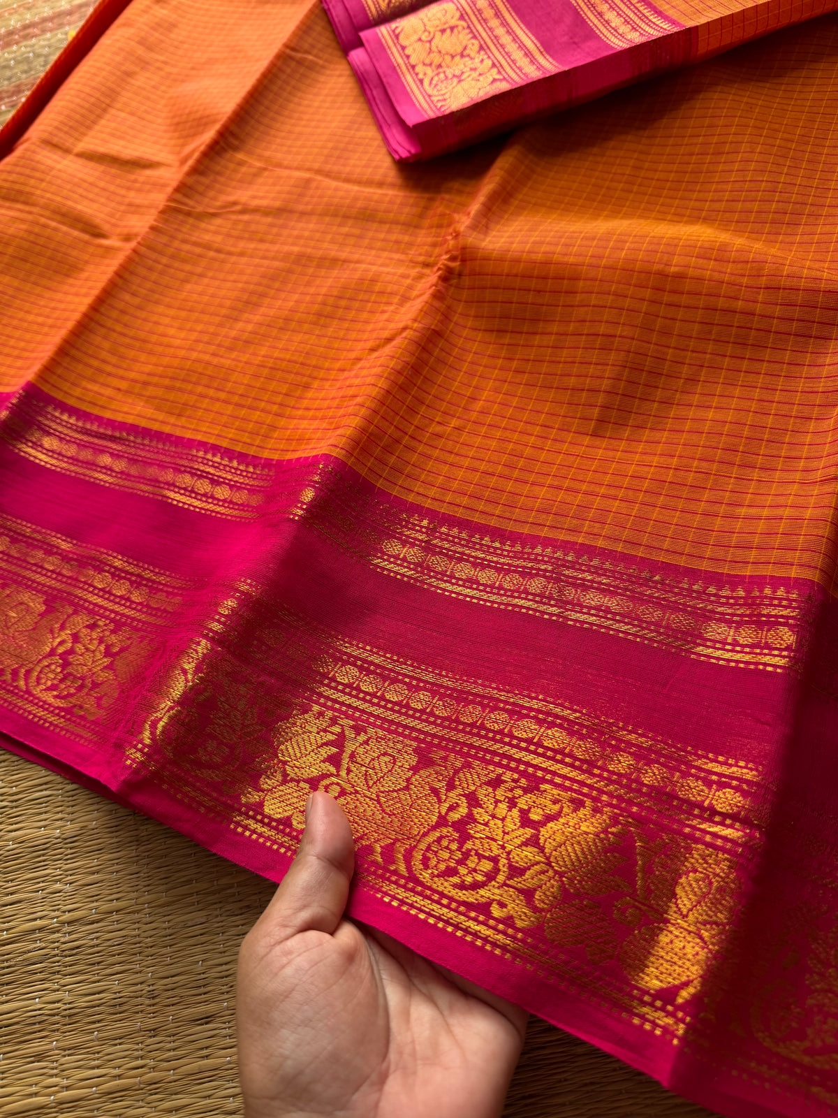 RF587 Orange with pink combination Kattam / checks pattern Kanchi cotton saree with floral pattern contrast border
