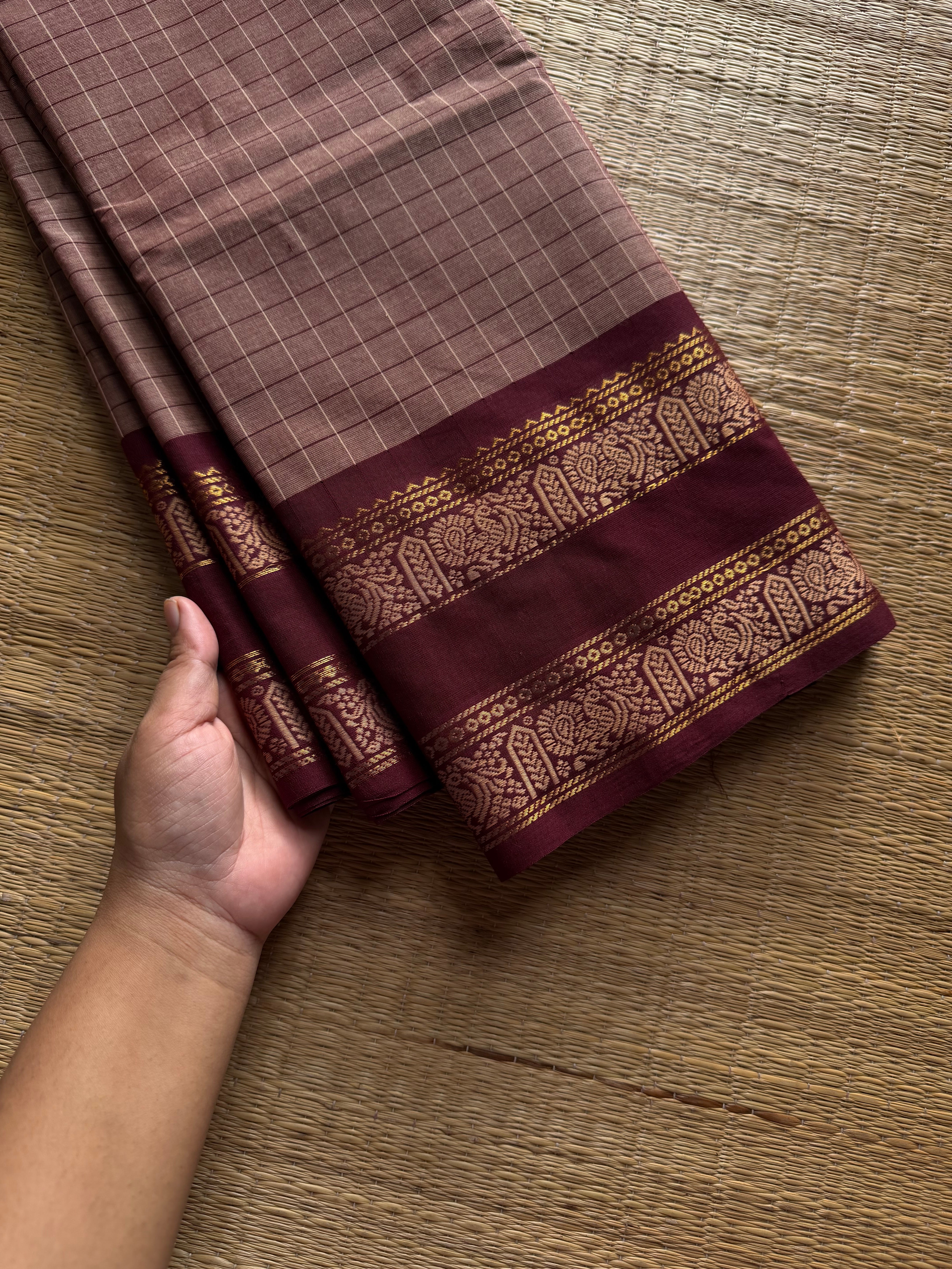 RF1250 Vintage Kattam ~ Biscuit shade with maroon Premium Kanchi Cotton Saree with Minimal Zari & checks pattern