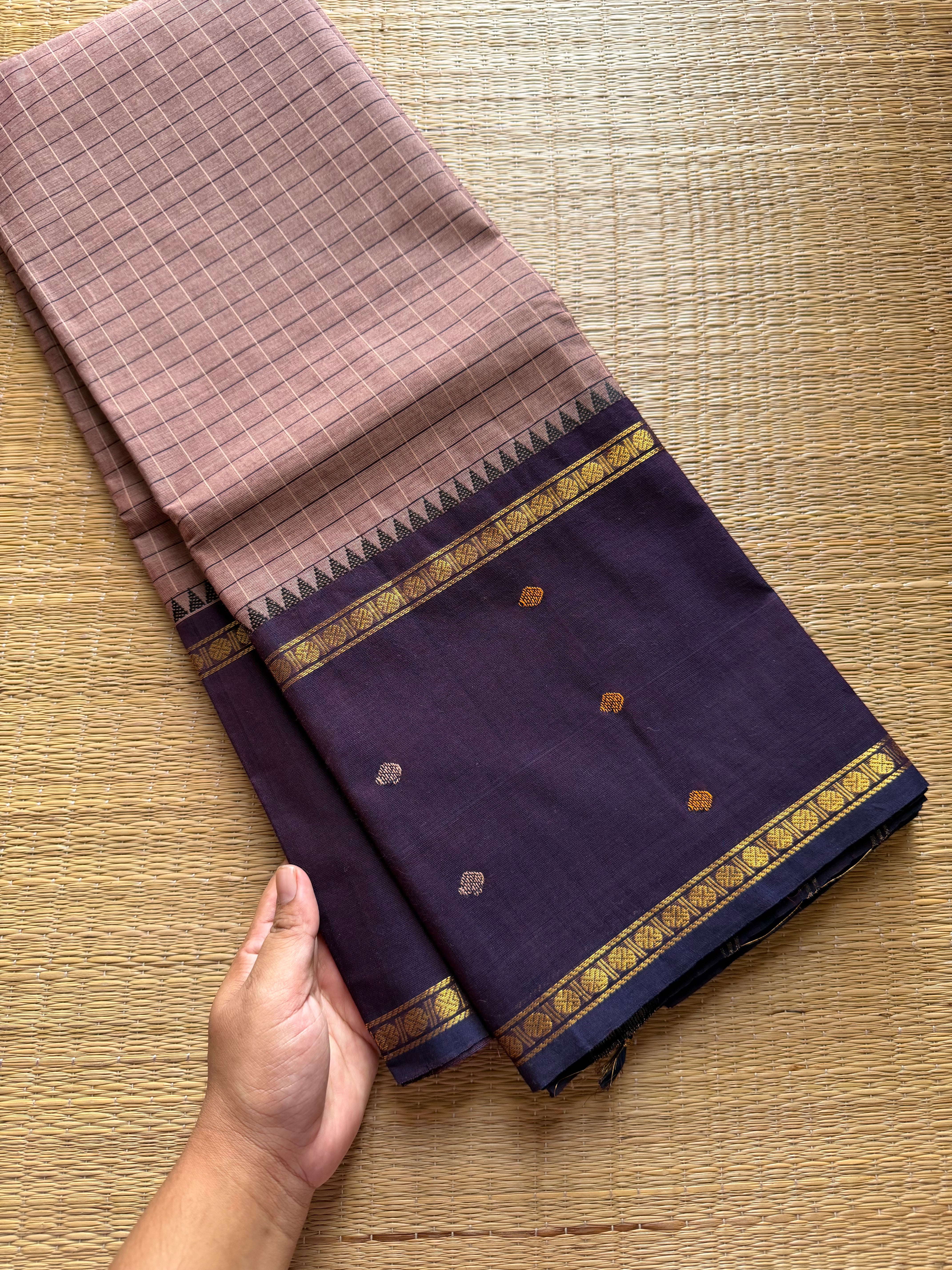 Biscuit shade Vintage Border Kanchi Cotton Saree With kattam / checks pattern & handwoven Buttas on the border