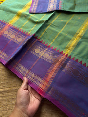 RF812 Dual tone Apple green shade Kanchi cotton saree with handmade golden Zari Buttas