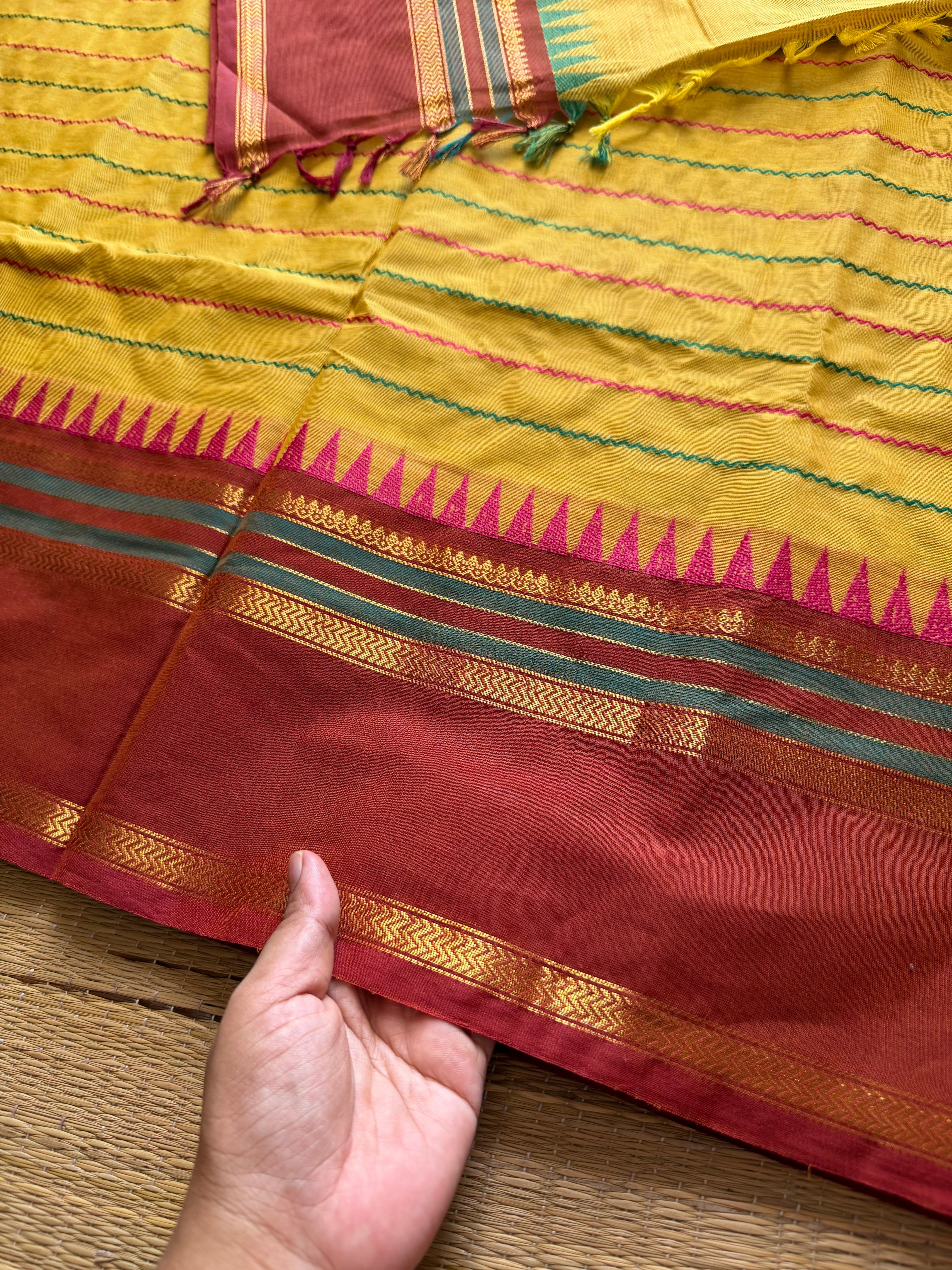 RF326 Yellow with peach combination Kanchi cotton saree with thread woven velthari pattern & unique border
