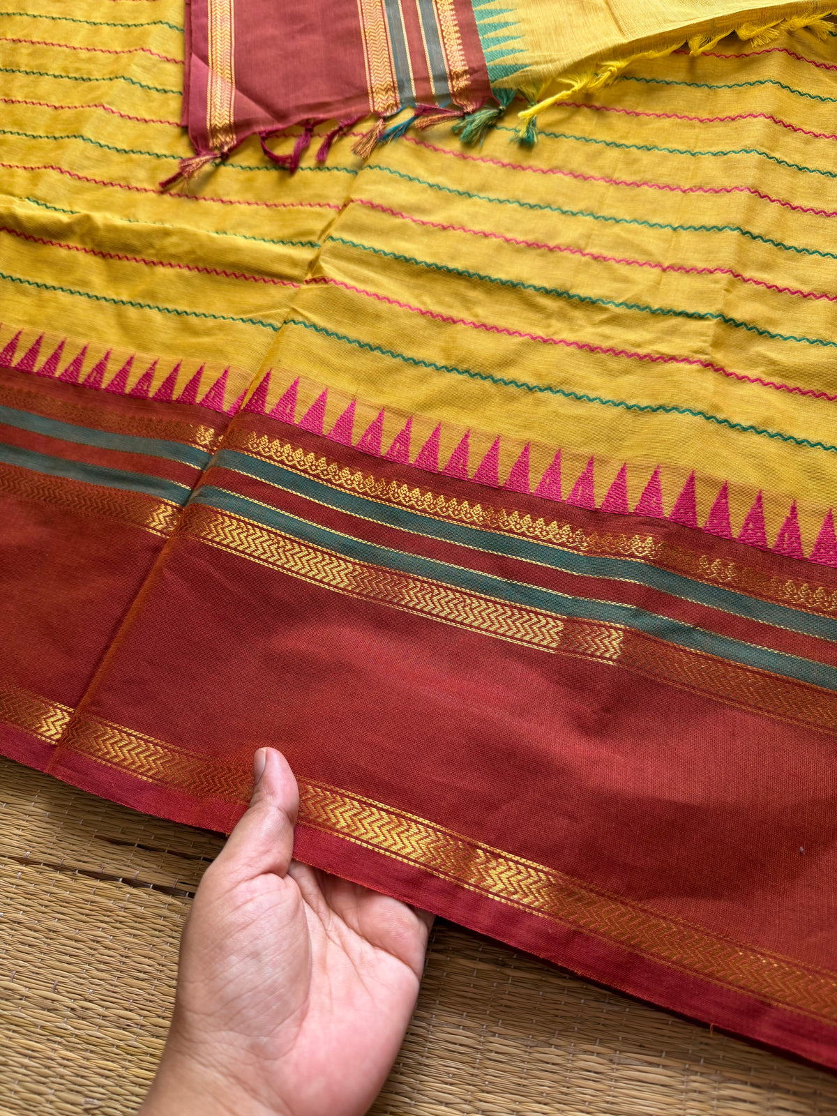 RF326 Yellow with peach combination Kanchi cotton saree with thread woven velthari pattern & unique border