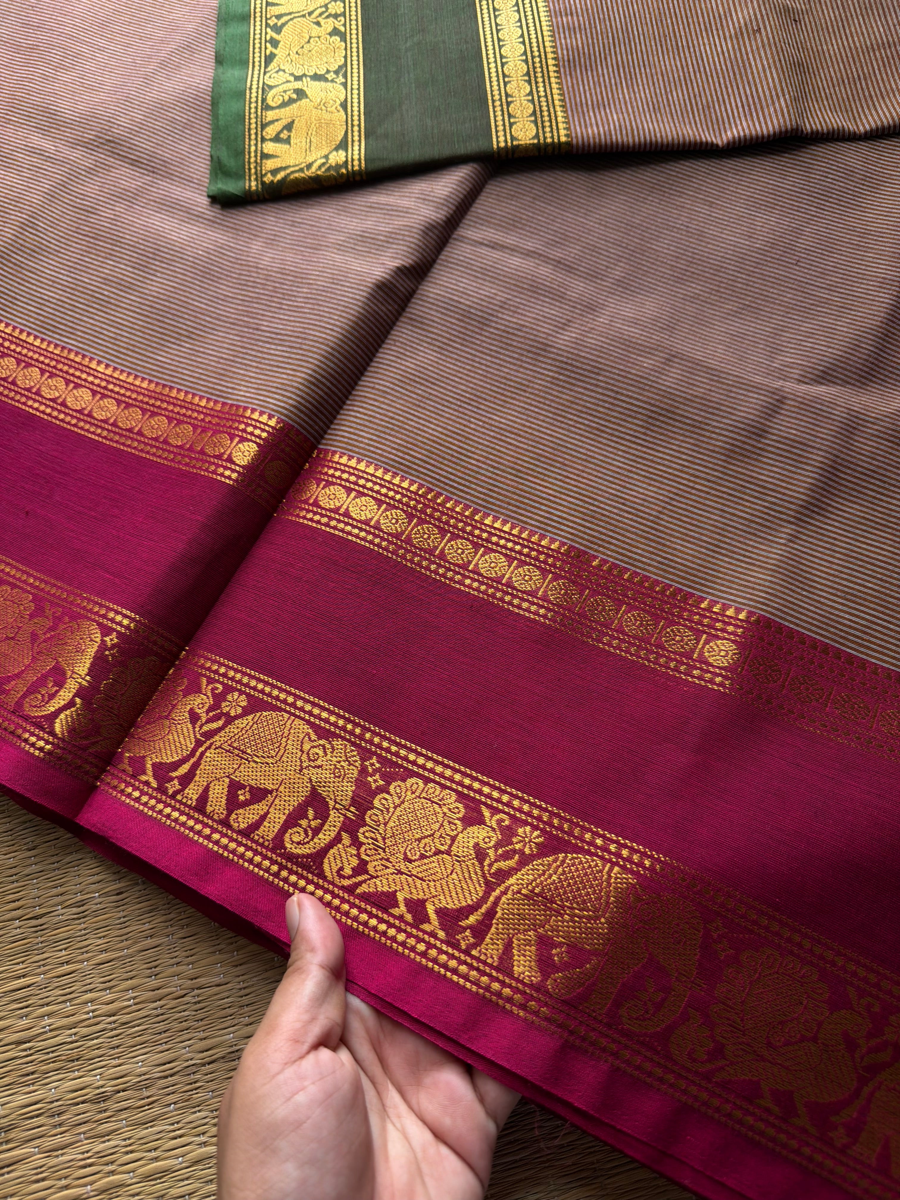 RF770 Dual tone Grey shade Kanchi cotton saree with Ganga Jamuna border and fully minute horizontal stripped lines on the body