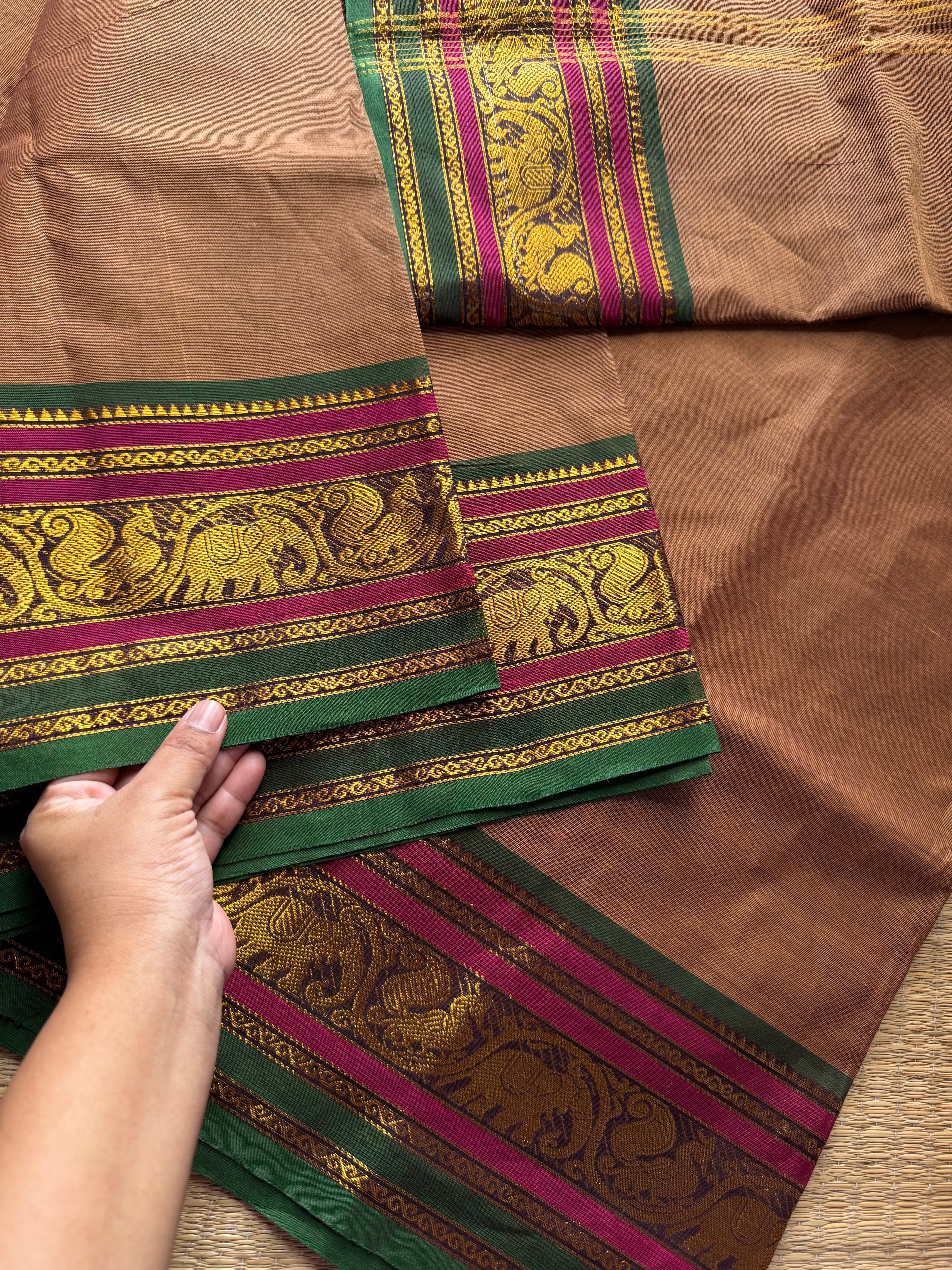 RF398 Dual tone earth Brown Shade Kanchi Cotton Saree with multi color contrast border