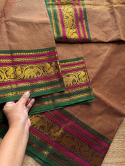 RF398 Dual tone earth Brown Shade Kanchi Cotton Saree with multi color contrast border