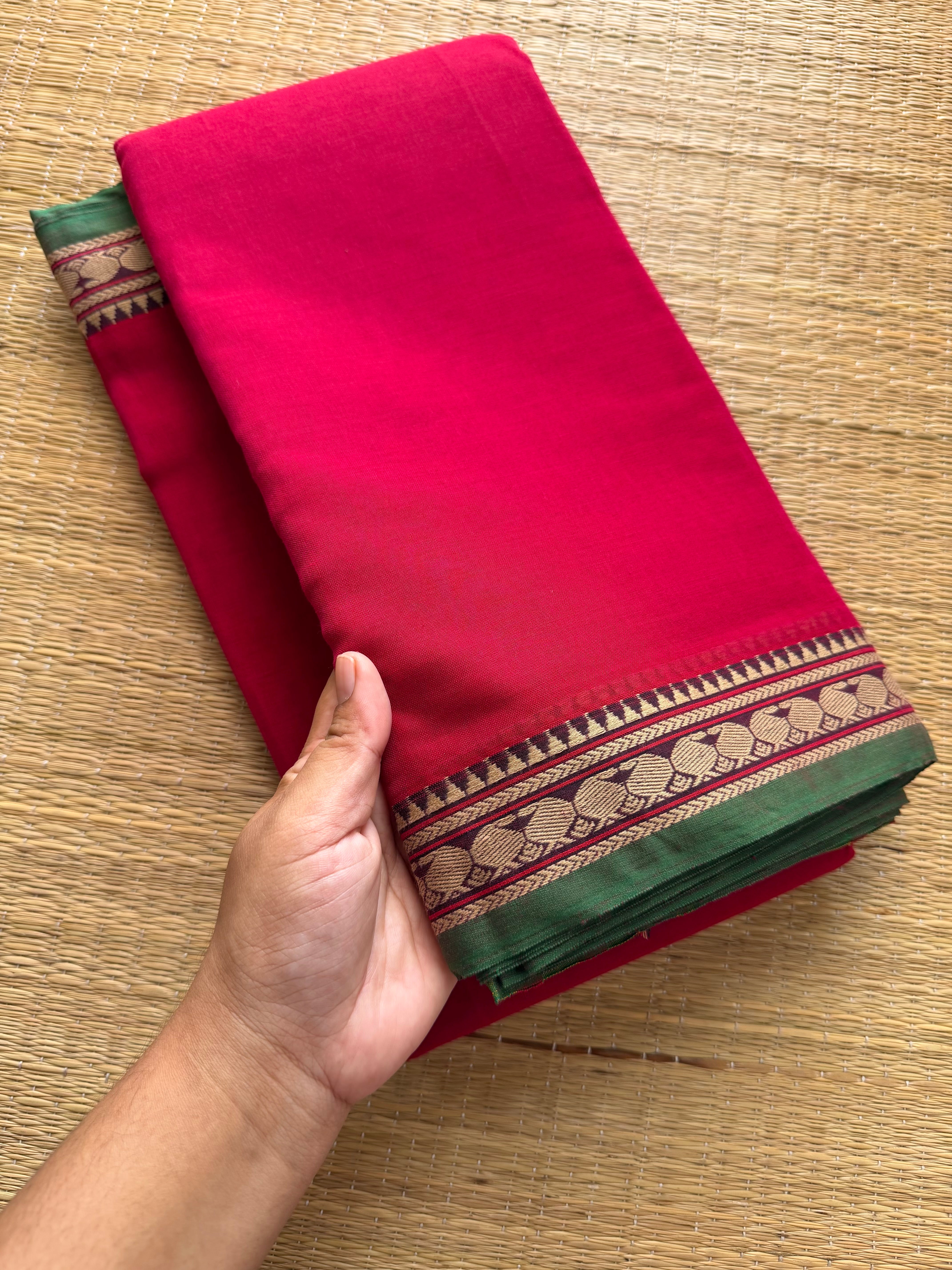 RF233 Reddish pink Narayanpet cotton saree with small contrast border