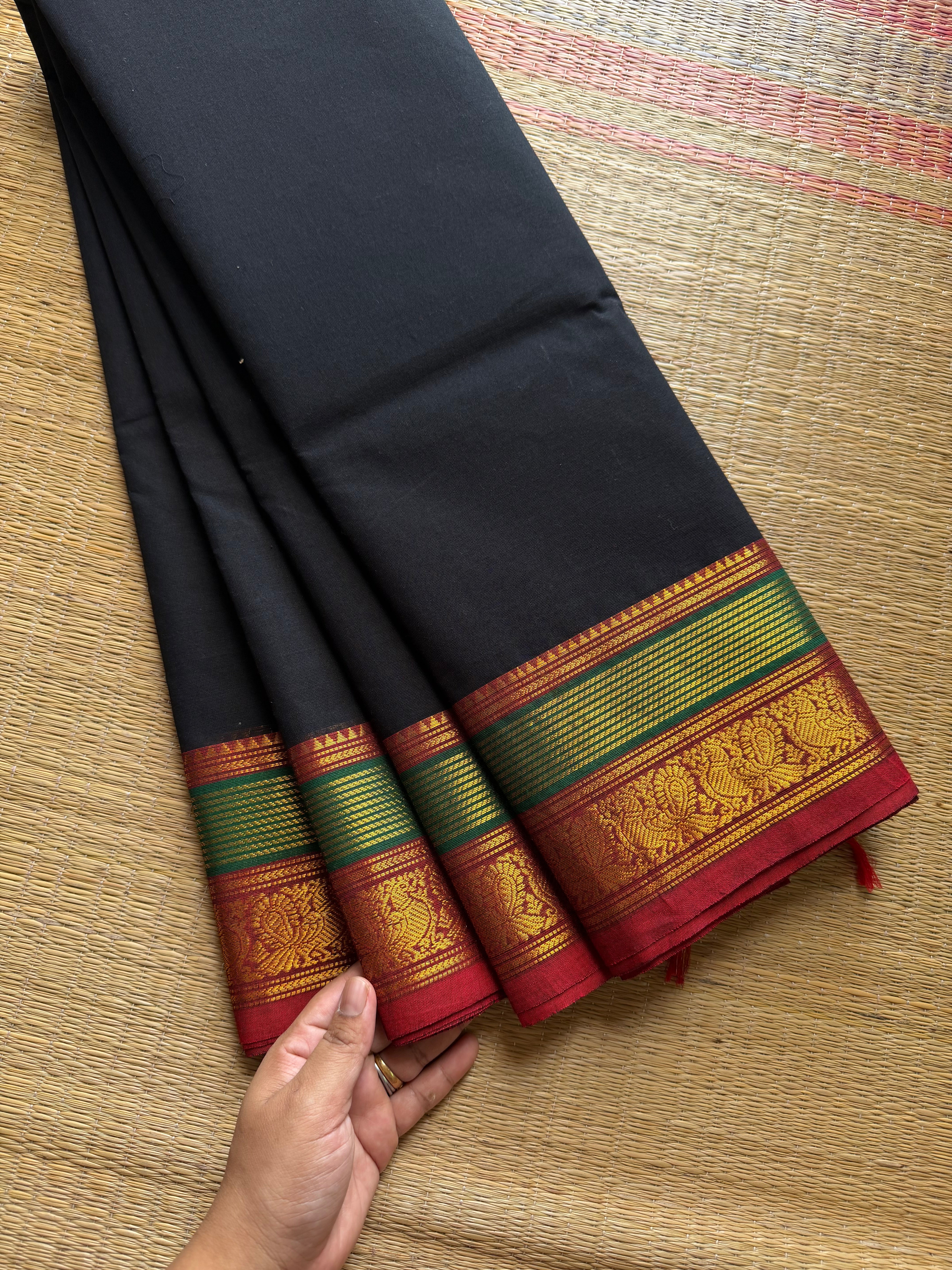 RF519 Black with red and green combination Kanchi cotton saree with unique border