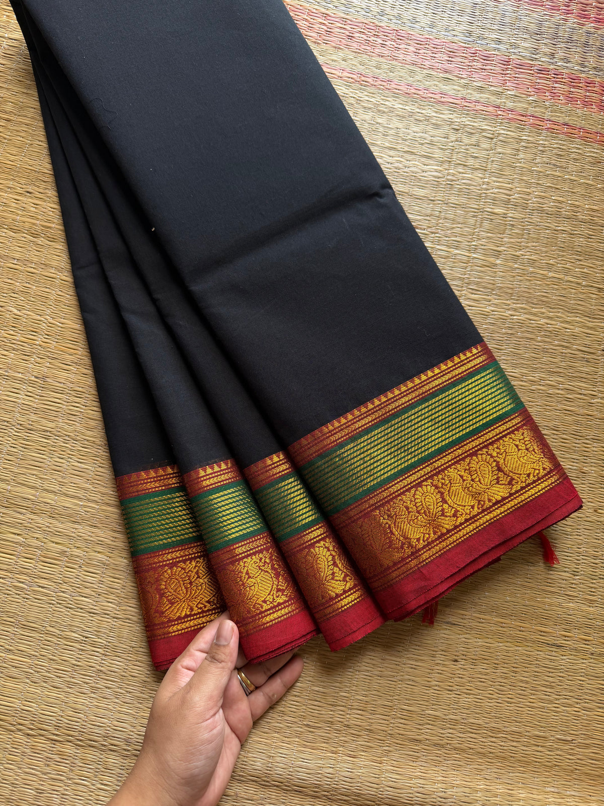 RF519 Black with red and green combination Kanchi cotton saree with unique border