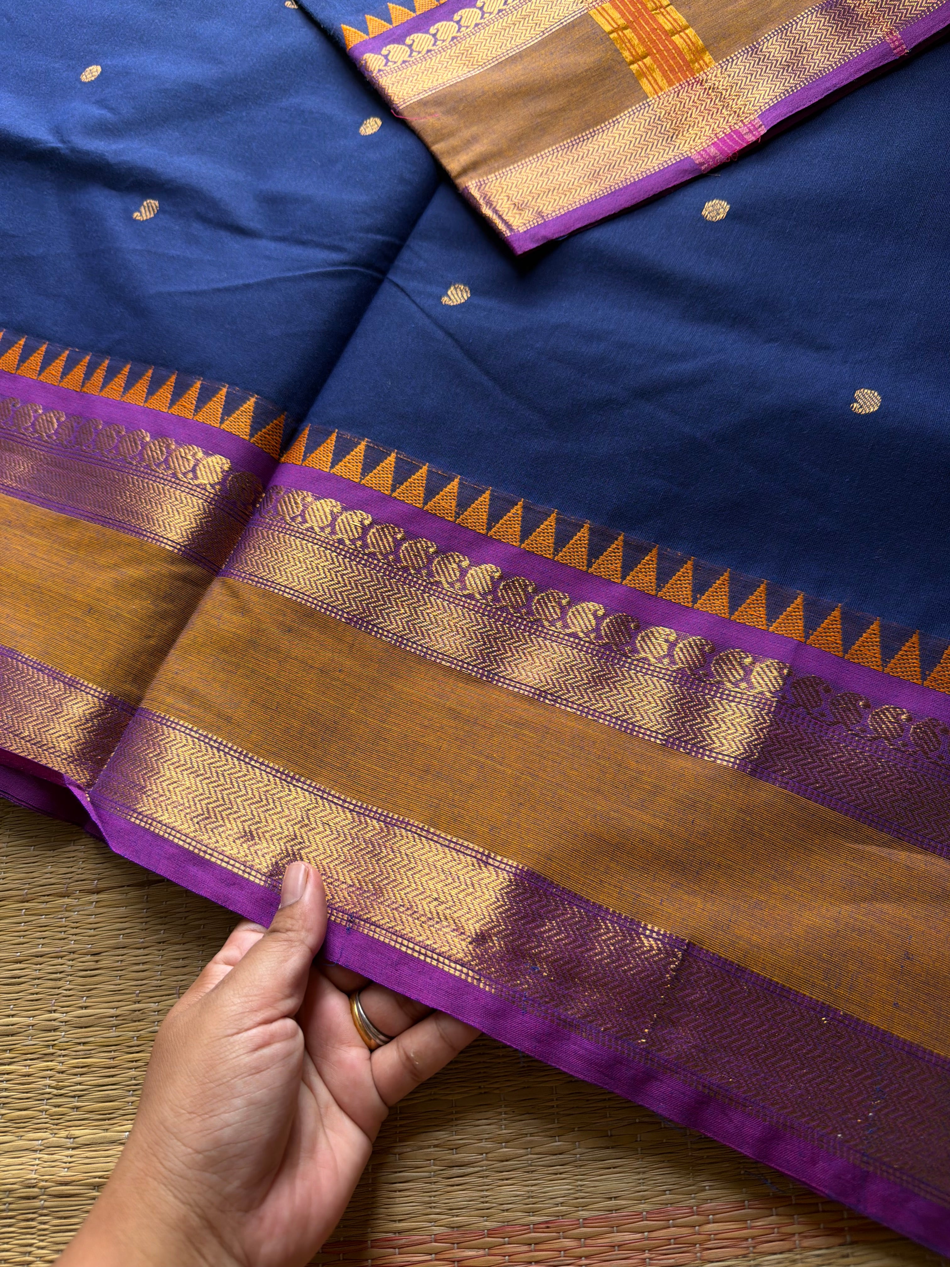 RF904 Navy blue ~ Kanchi cotton saree with handmade thread buttas