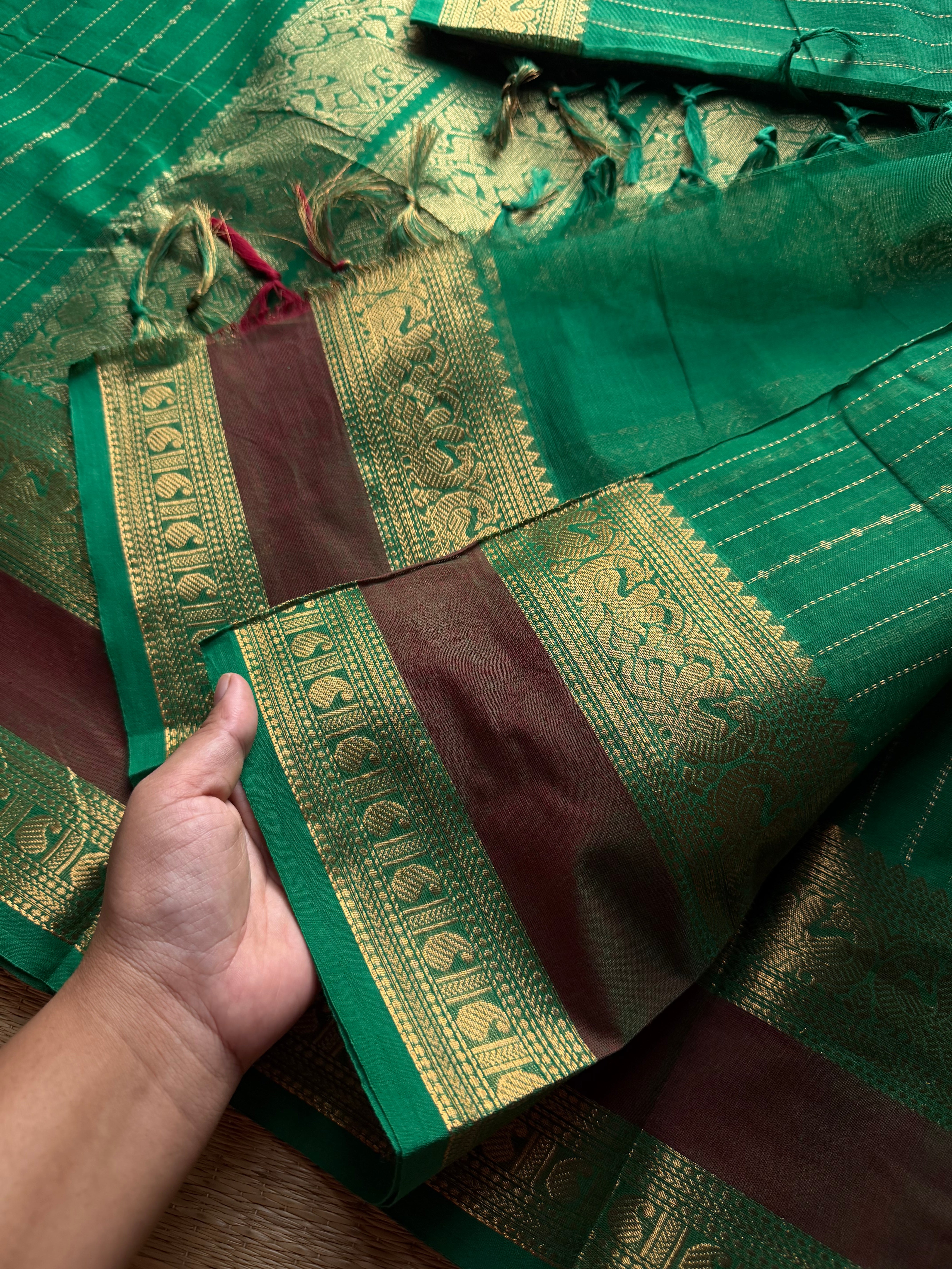 RF1385 Premium Rich Pallu Kanchi Cotton Saree with Vairaoosi pattern & gap border ~ Green