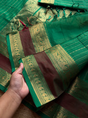 RF1385 Premium Rich Pallu Kanchi Cotton Saree with Vairaoosi pattern & gap border ~ Green