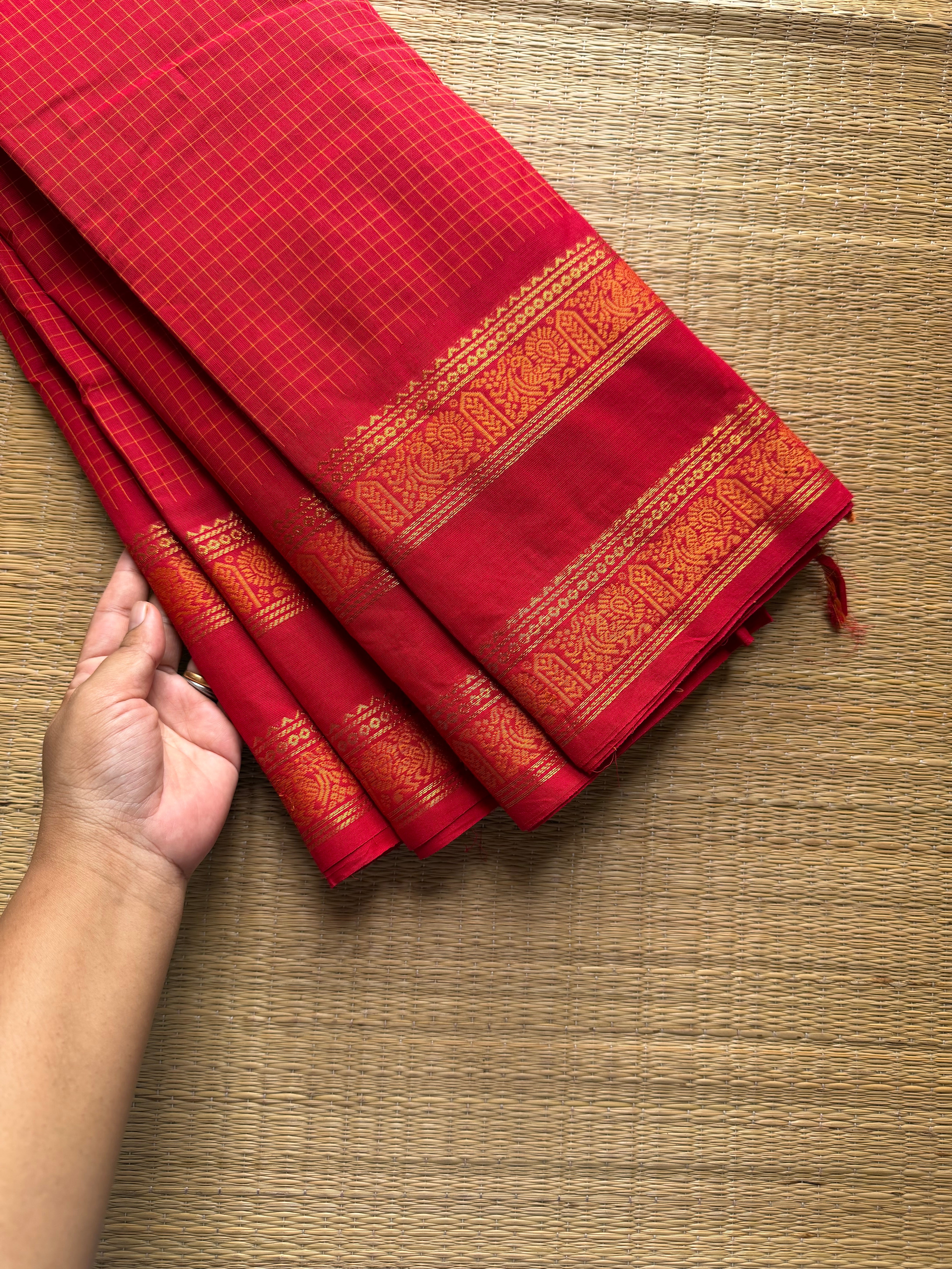 RF1018 Kattam Edition ~ Chilli red Premium Kanchi Cotton Saree with Minimal Zari & checks pattern