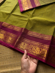 RF712 Green with magenta pink combination Kattam / checks pattern Kanchi cotton saree with floral pattern contrast border