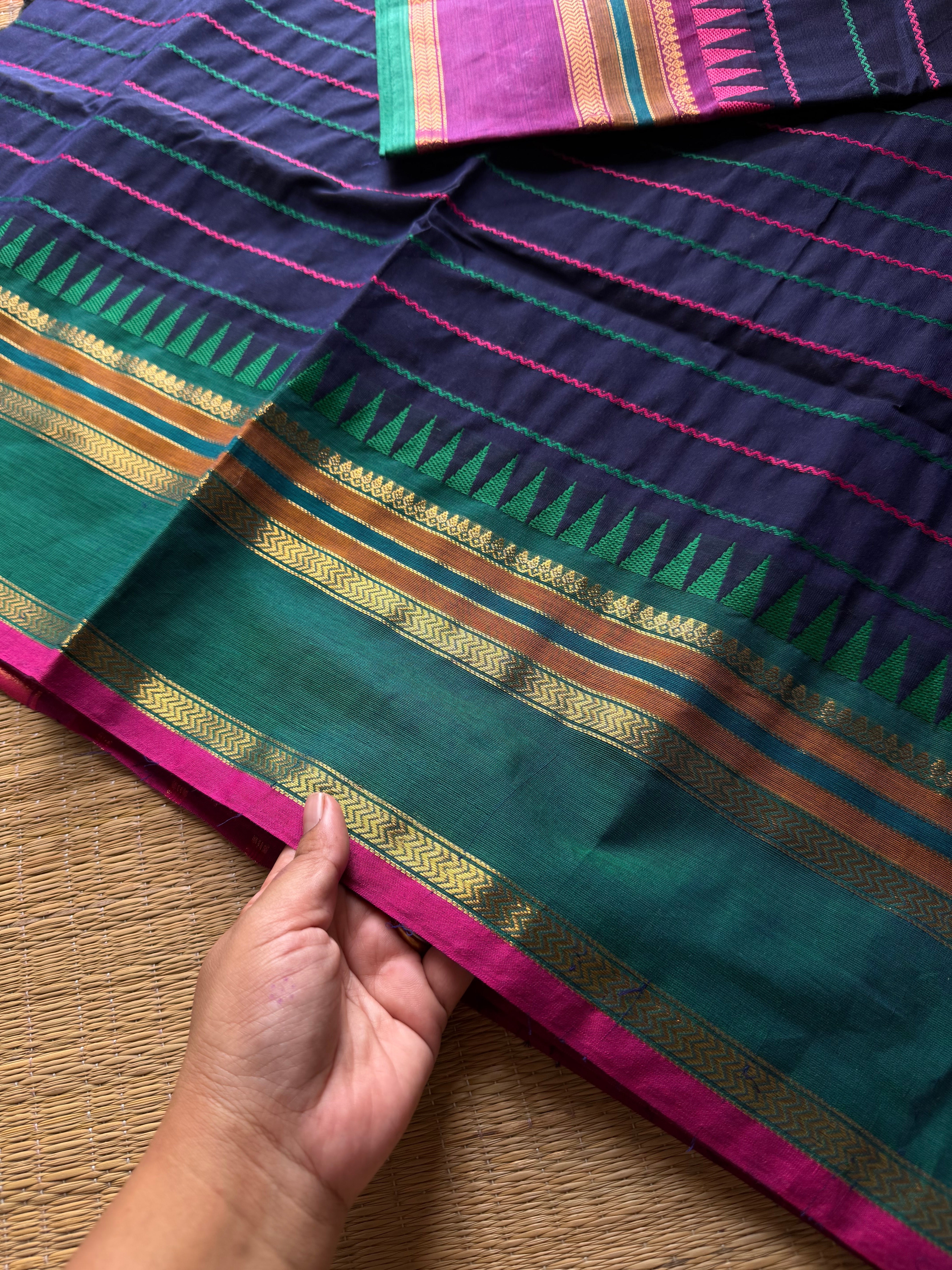 RF823 Velthari Pattern Kanchi Cotton Saree ~ Navy blue