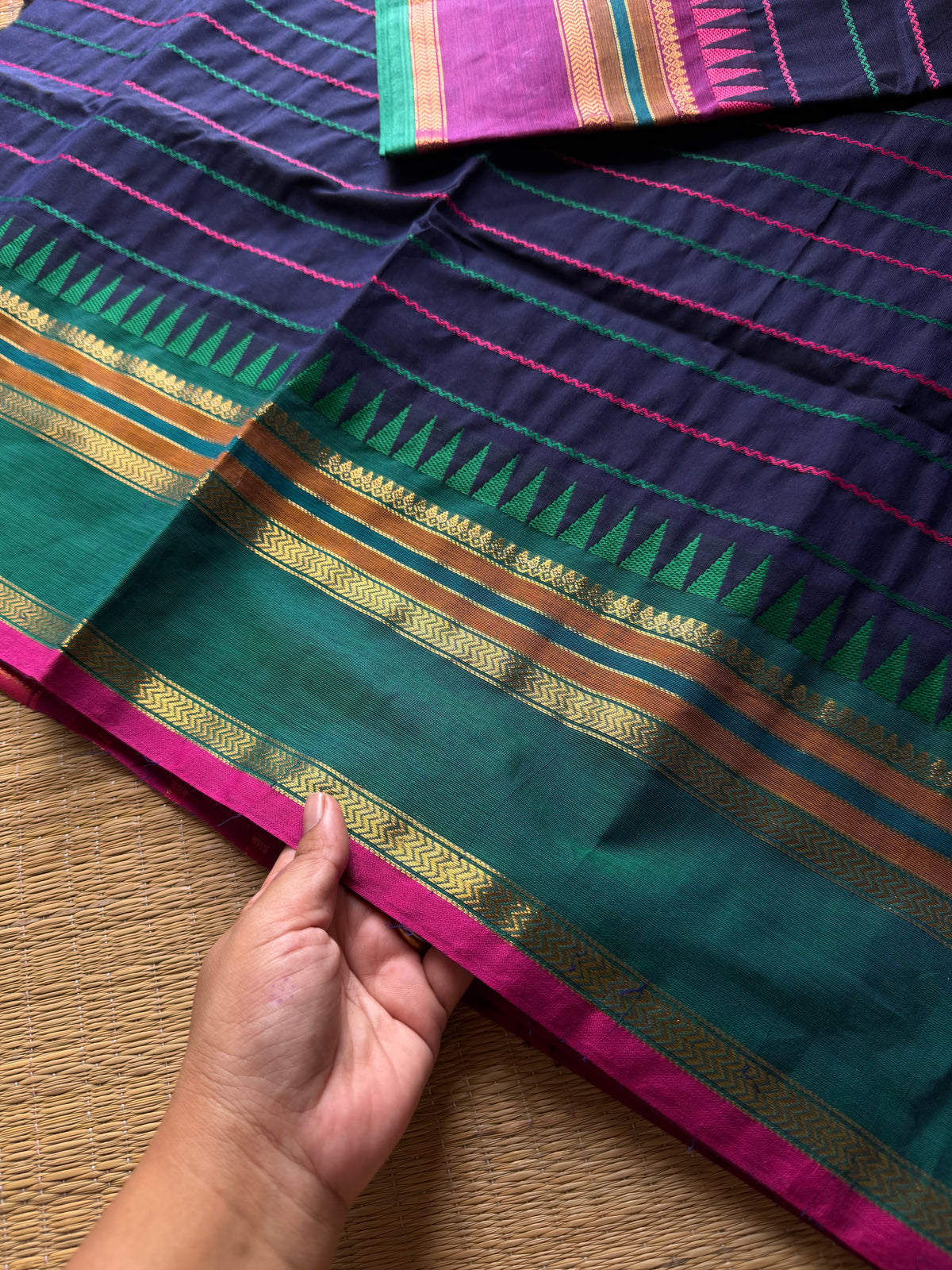 RF823 Velthari Pattern Kanchi Cotton Saree ~ Navy blue