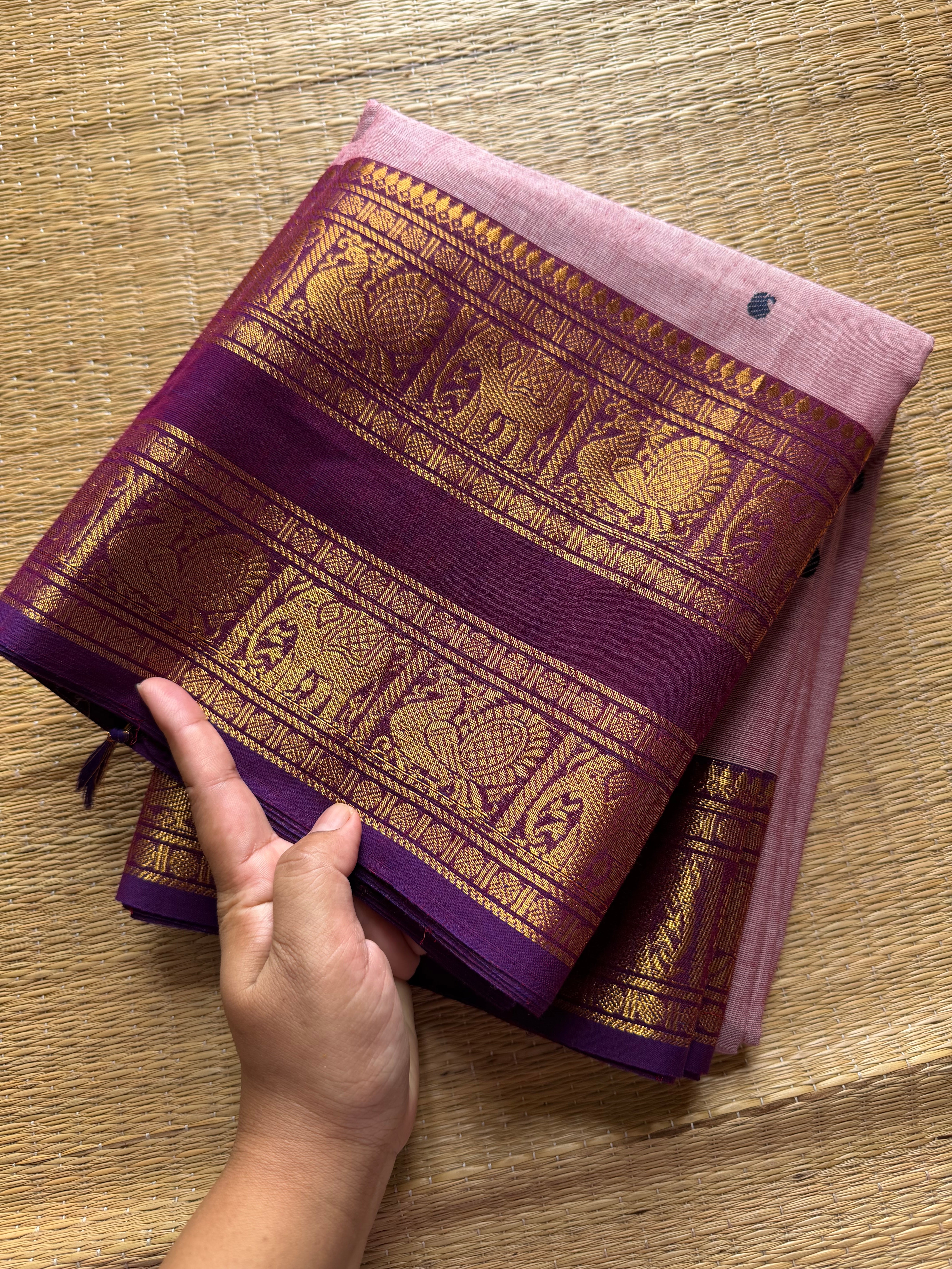 RF495 Pastel pink with purple combination Rettapet border Kanchi cotton saree with handmade thread buttas