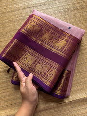 RF495 Pastel pink with purple combination Rettapet border Kanchi cotton saree with handmade thread buttas