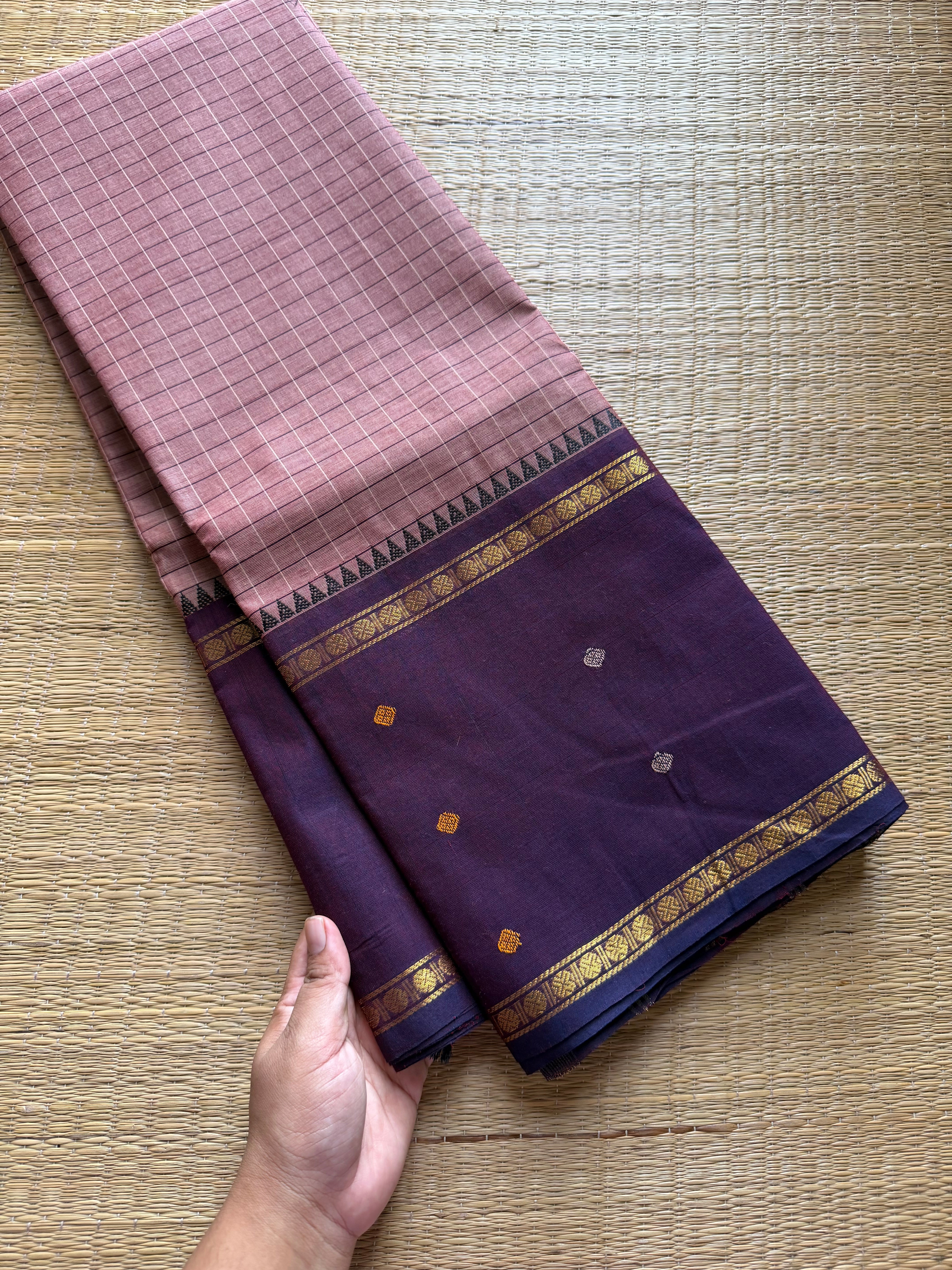 Biscuit shade Vintage Border Kanchi Cotton Saree With kattam / checks pattern & handwoven Buttas on the border