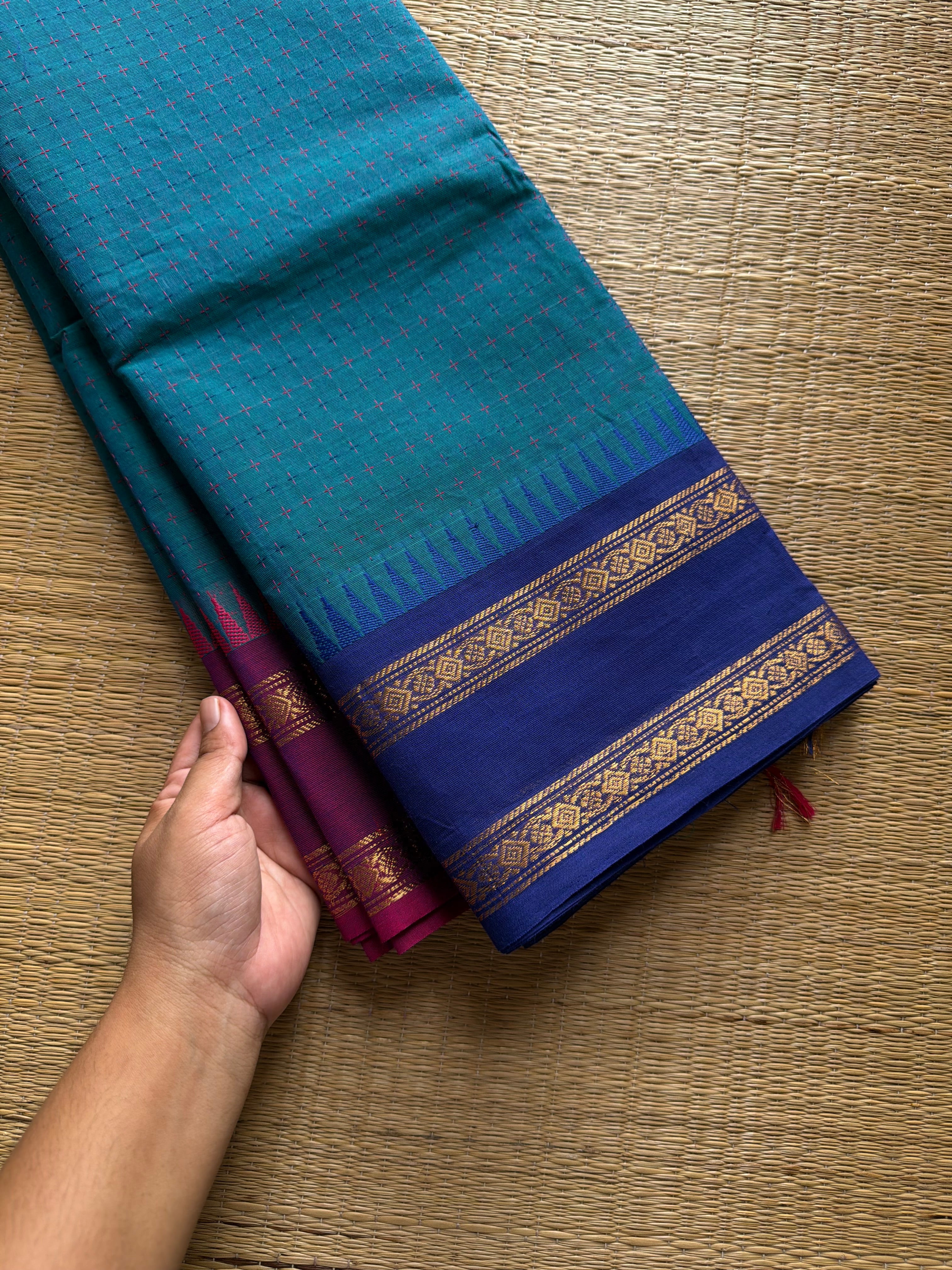 RF732 Peacock blue shade Kanchi cotton saree with Ganga Jamuna pattern border