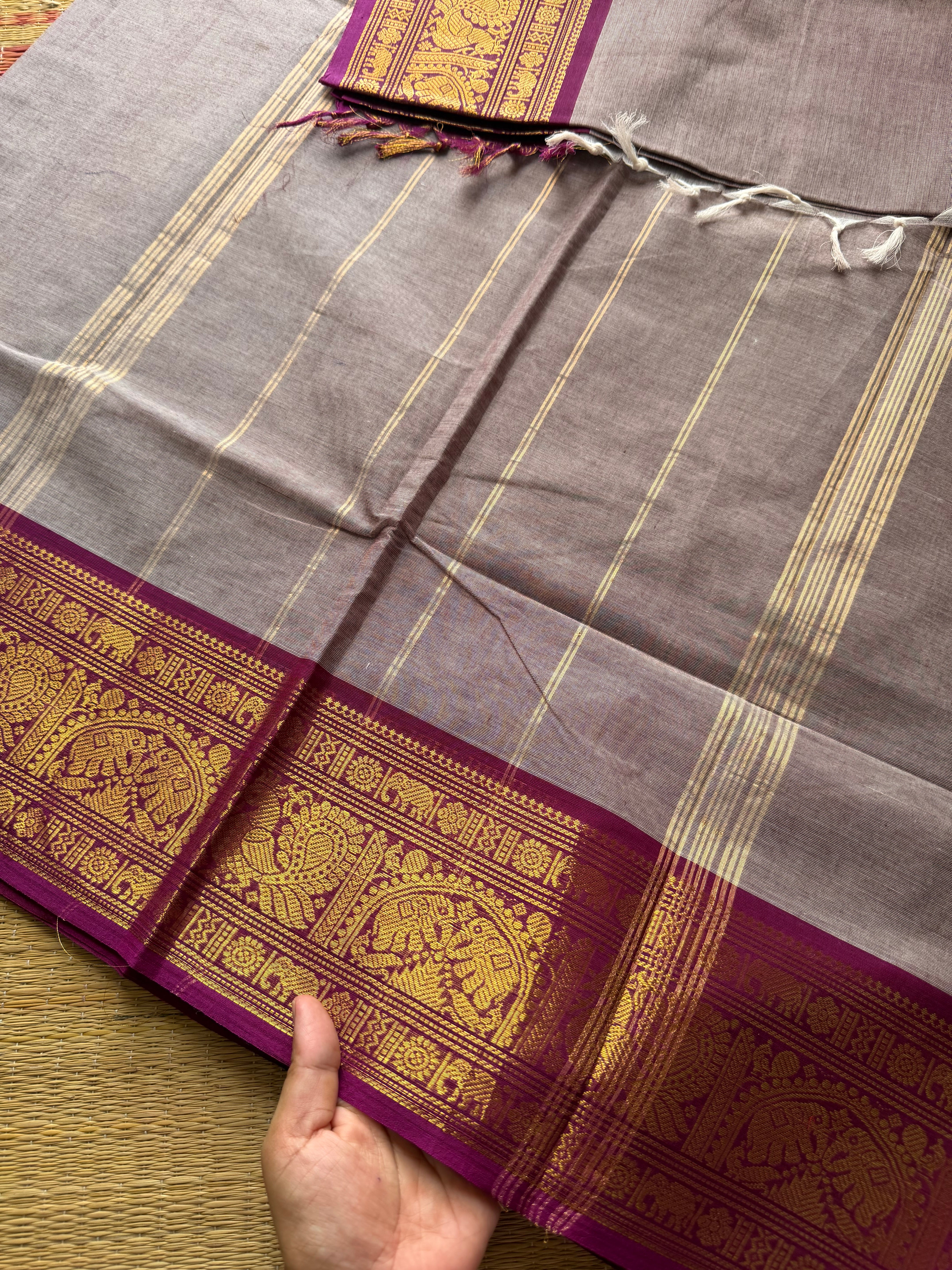 RF430 Grey with dark magenta pink combination Kanchi cotton saree with silk saree inspired Annam border