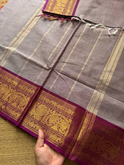 RF430 Grey with dark magenta pink combination Kanchi cotton saree with silk saree inspired Annam border