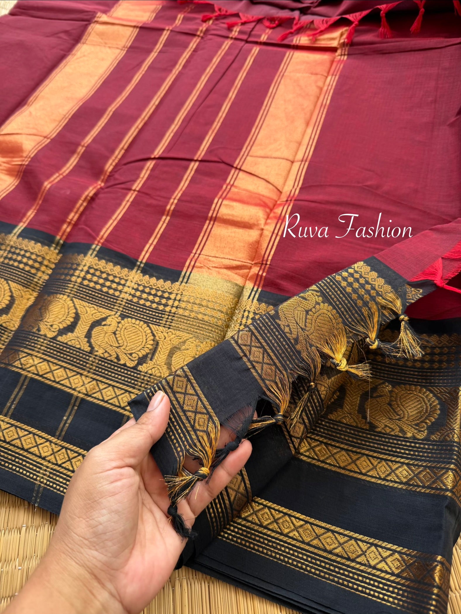 Dark Maroon Shade With contrast Black combination Kanchi cotton saree