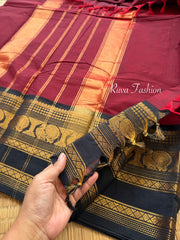 Dark Maroon Shade With contrast Black combination Kanchi cotton saree