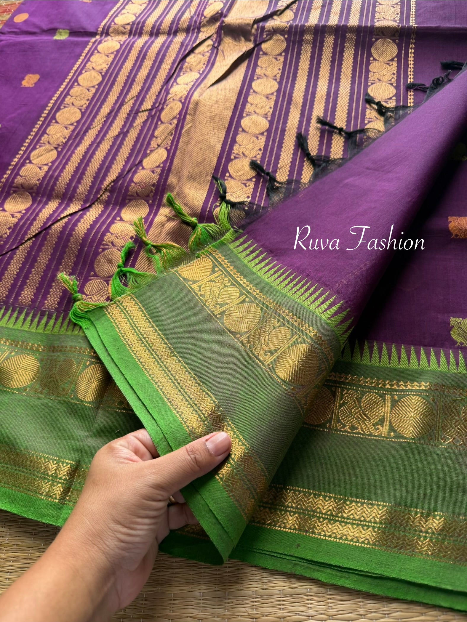 Purple with Green Combination Premium Kanchi Cotton saree With intricate Rich Zari woven Pallu and handmade Buttas